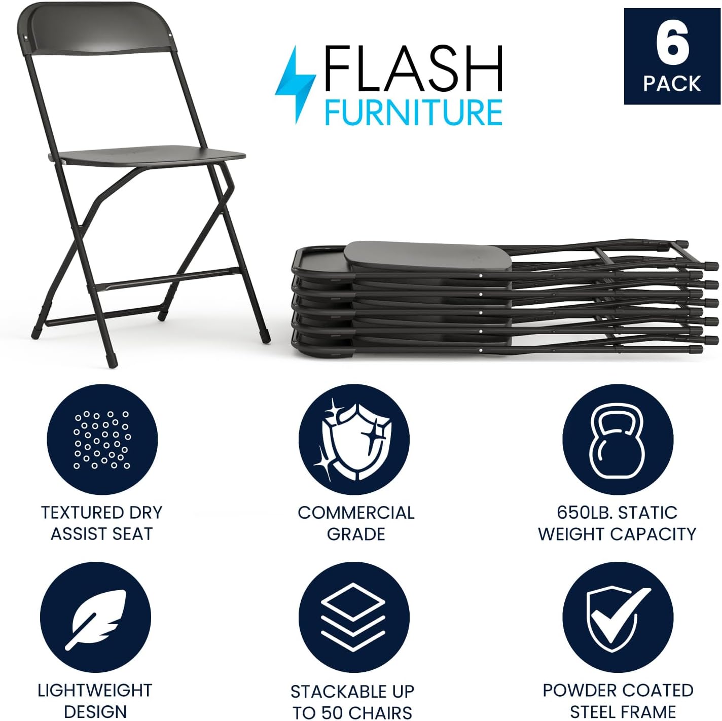 Flash Furniture Hercules Series Plastic Folding Chairs for Parties and Weddings, Stackable Commercial Event Seats with 650-lb. Static Weight Capacity, Set of 6, Black