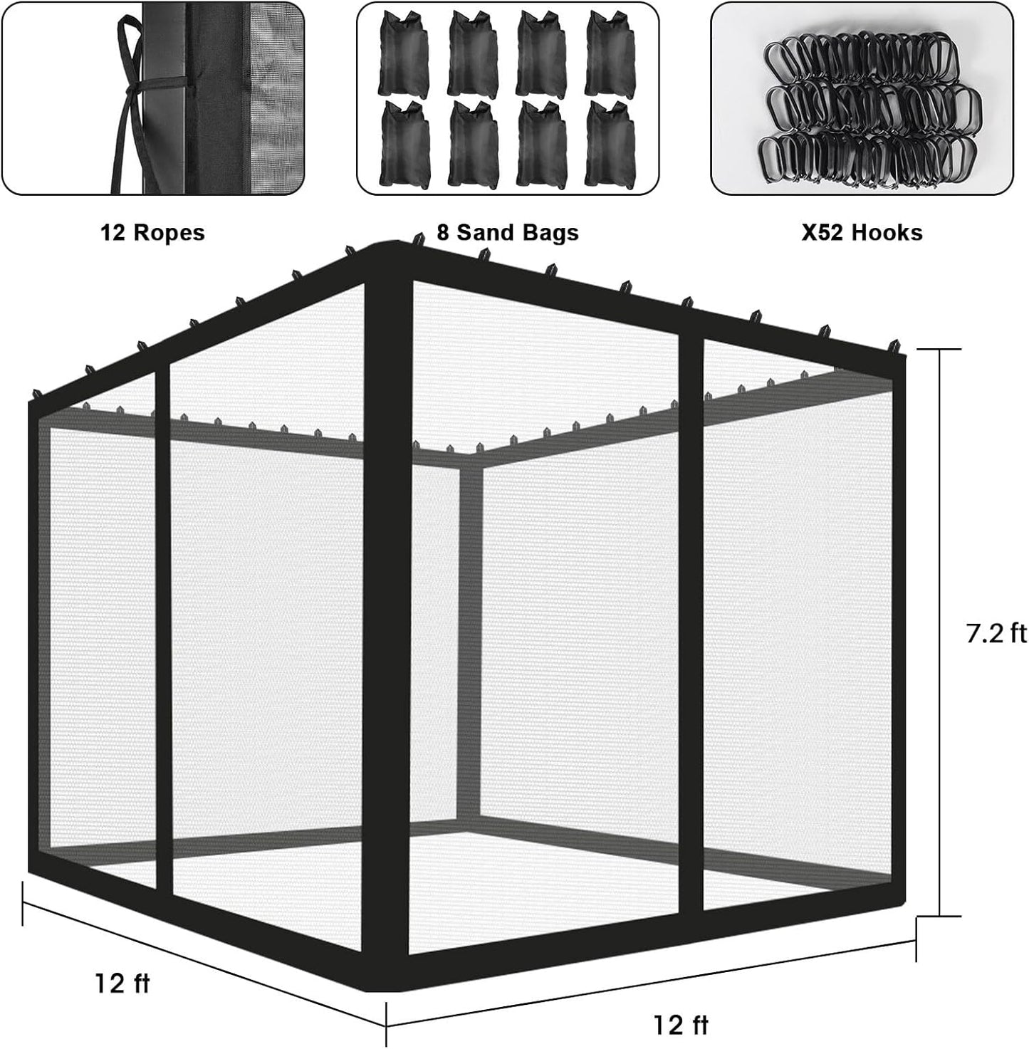 ShowyLive 12x12 Patio Umbrella Mosquito Netting with Zipper 4 Doors & 8 Weight Bag - Adjustable Polyester Mesh Bug Screen for Outdoor Umbrellas, Garden, Patio Tables (Black)