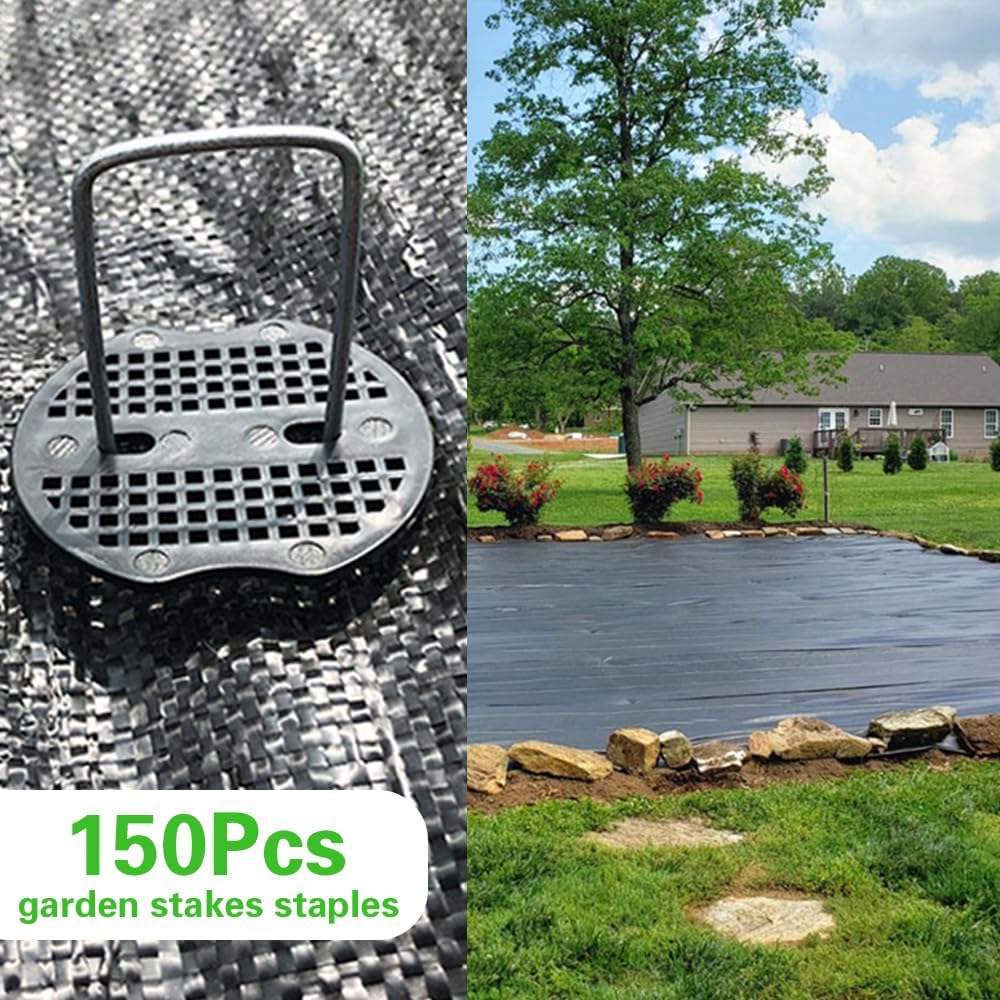 Bakulyor 150Pcs Landscape Staples + 150Pcs Gasket, 6 Inch Garden Stakes Staples 11 Gauge U Shaped Galvanized Lawn Landscape Pins, Heavy Duty Yard Ground Pin for Weed Barrier Sod Fabric Decorations