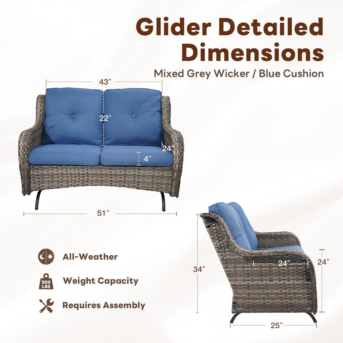 Spacious Outdoor Glider Bench - 500 LBS Weight Capacity Small Loveseat, 2 Seater Patio Gliders Furniture All Weather Wicker Couch with Removable Cushion for Deck Sunroom Balcony Backyard