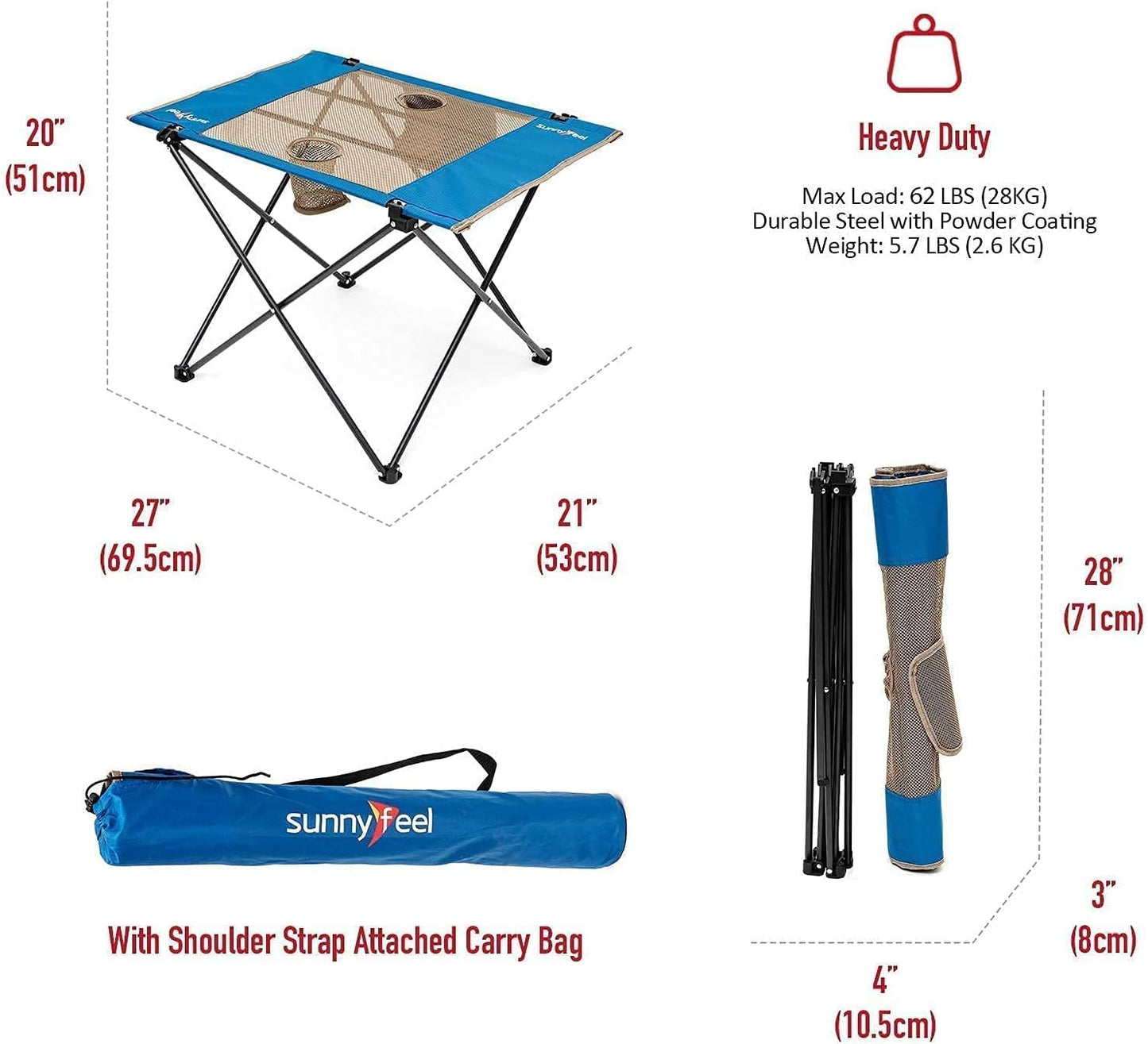 SUNNYFEEL Outdoor Folding Table | Lightweight Mesh Compact Camping Table, Roll Up Top 2 People Portable Camp Tables with Carry Bag for Picnic/Cooking/Beach/Travel/BBQ