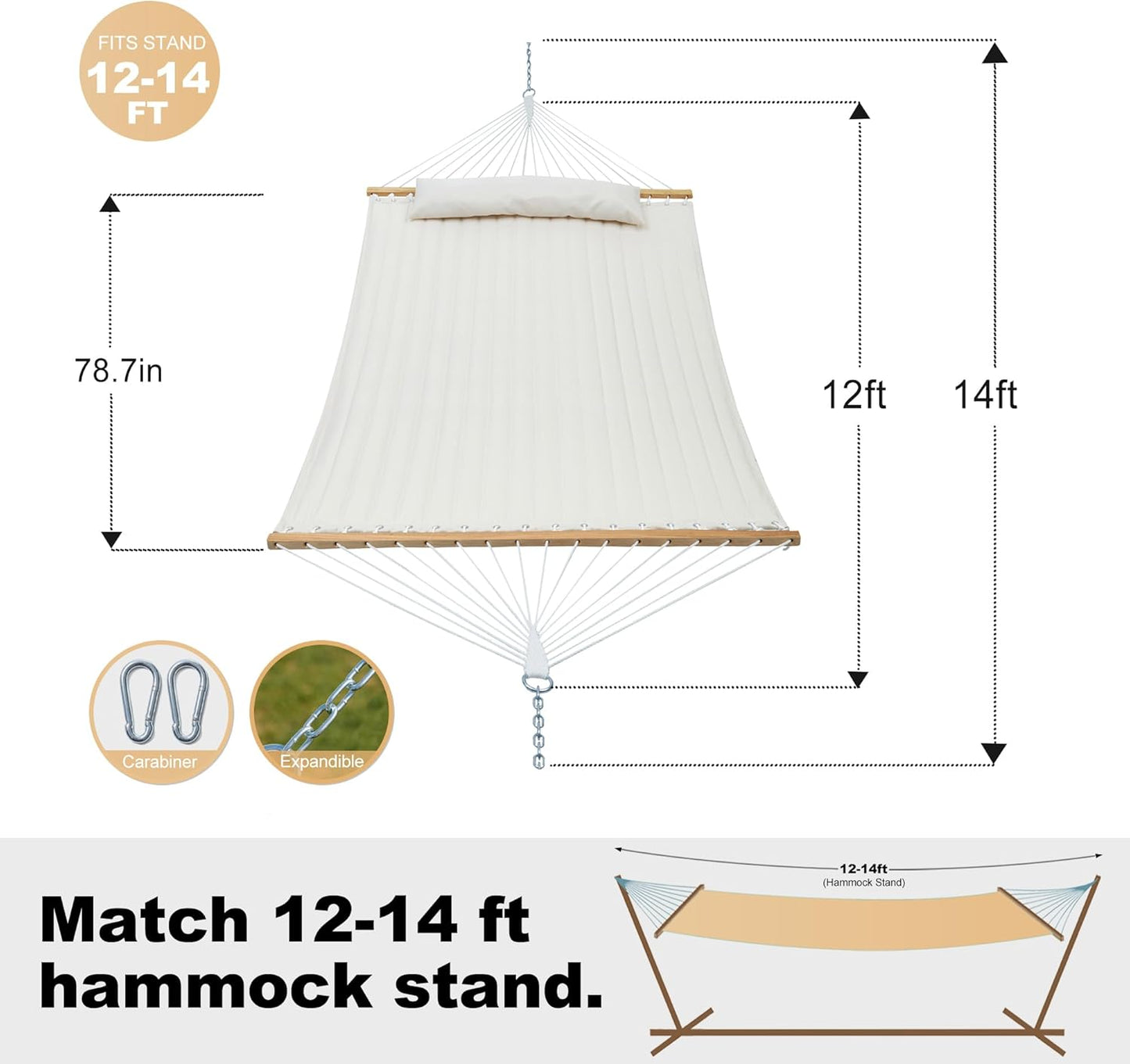 Double Quilted Fabric Hammock with Spreader Bar, Fit 12-14ft Hammock Stand, 2 Person 14ft Hammocks for Outside, Large Removable Pillow Storage Bag, Carabiners, Max 475 lbs Capacity (Beige)