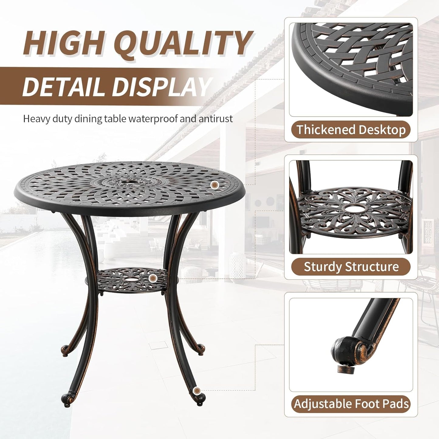 31.5" Cast Aluminum Patio Table with 2.2" Umbrella Hole,Anti-Rust Outdoor Patio Dining Tables,Round Metal Patio Table for Indoor,Garden,Porch,Bronze