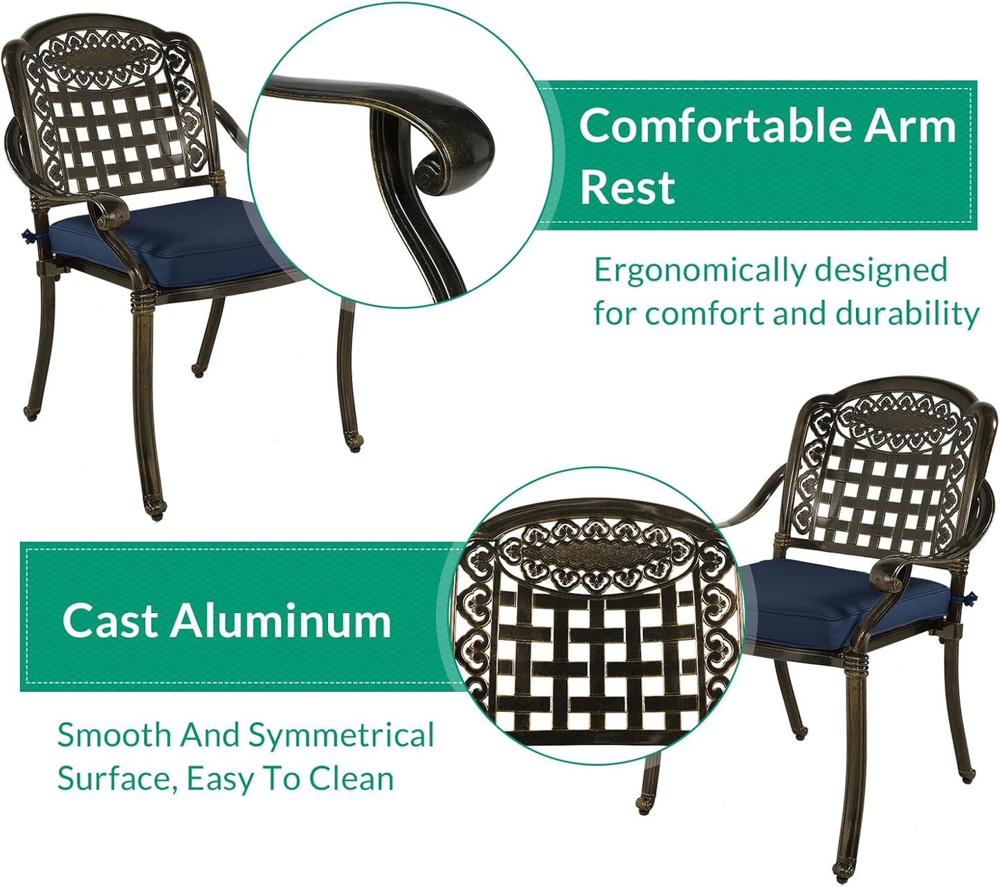 VIVIJASON 3-Piece Outdoor Patio Bistro Set, All-Weather Cast Aluminum Furniture Dining Sets Include 2 Cushioned Chairs and 31" Round Table w/Umbrella Hole for Balcony, Backyard, Navy Blue Cushion