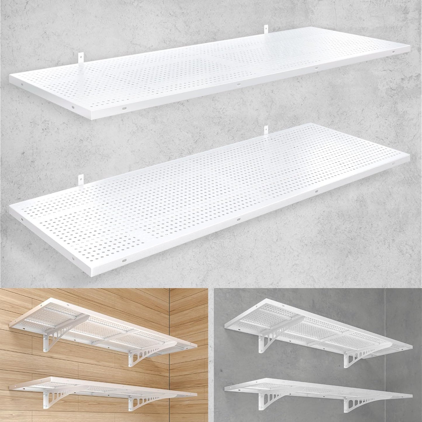 2-Pack 1.5x4ft Heavy Duty Garage Wall Shelving, 500 lbs Load Capacity, Garage Shelving Wall Mounted, Storage Rack with Hooks, White