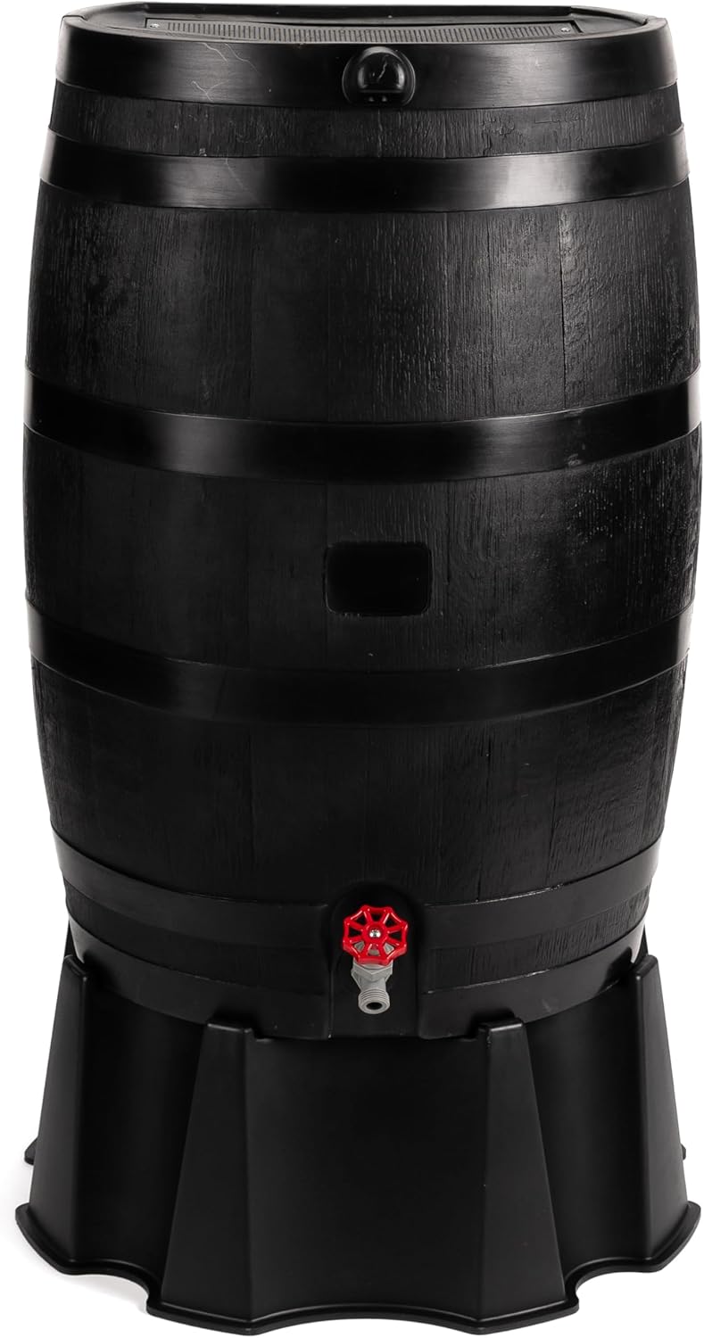 50-Gallon ECO Rain Barrel Made with 100% Recycled Plastic, Flat Back Rain Water Collection Barrel, Stand Included, Black