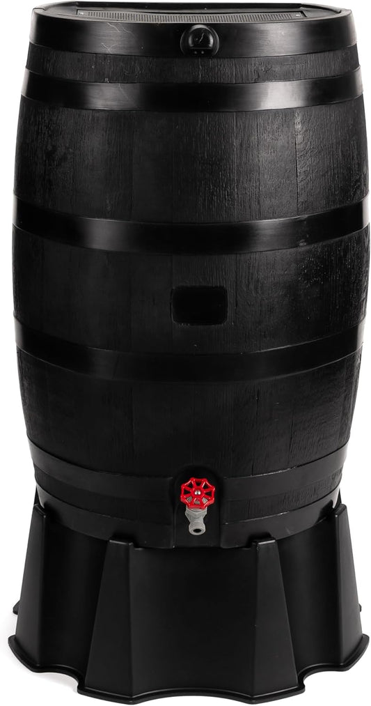 50-Gallon ECO Rain Barrel Made with 100% Recycled Plastic, Flat Back Rain Water Collection Barrel, Stand Included, Black