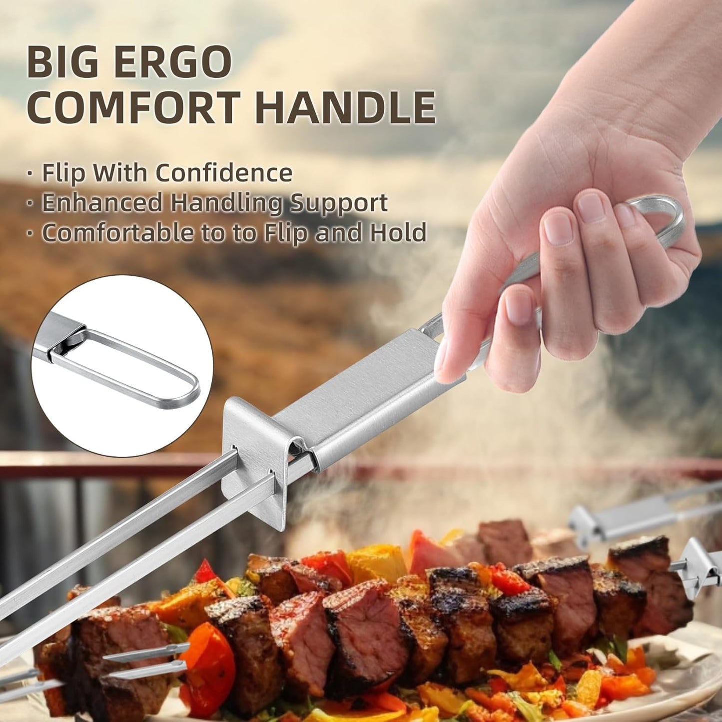 Skewers for Grilling, 17inch （6PCS）Double Fork Flat Stainless Steel Kabob Skewers with Slider, Reusable Metal BBQ Skewer for Meat, Vegetable, BBQ Accessories