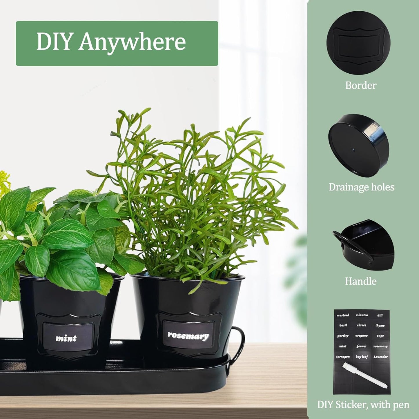 4" Herb Garden Planter Kit, Indoor Herb Planters with Tray, Set of 3 Metal Windowsill Pots for Flower Plants with Drainage Hole, Customizable Labels & Marker Pen, Black