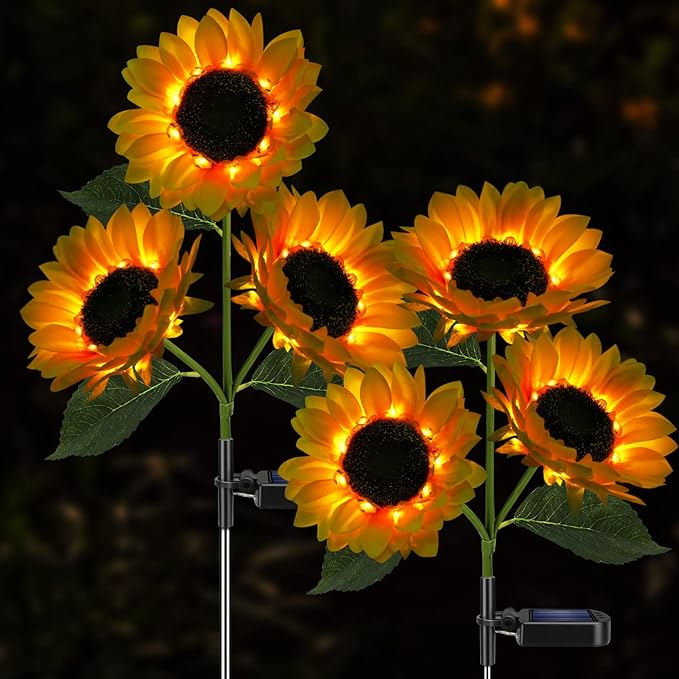 Solar Sunflower Lights, 800mA Solar Garden Light with Real Looking Flowers Outdoor Waterproof Solar Stake Lights for Back Yard, Flower Bed, Pathway, Patio, Porch, Spring Decoration (2 Pack)