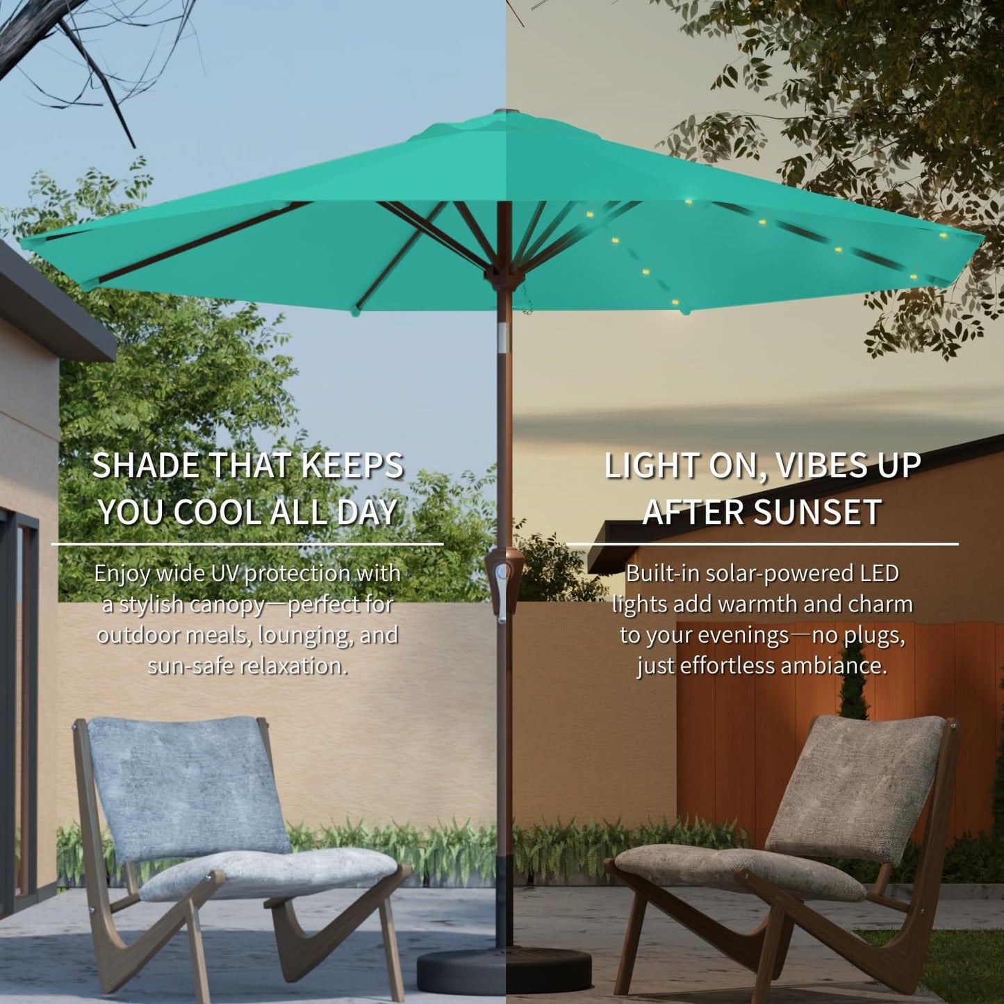 9FT Solar Umbrella 32 LED Lighted Patio Umbrella Table Market Umbrella w/Tilt and Crank, UV-Resistant Outdoor Umbrella for Pool, Garden, Deck, Turquoise Blue