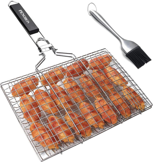 Fish Grilling Basket, Folding Portable Stainless Steel BBQ Grill Basket for Fish Vegetables Shrimp with Removable Handle, Come with Basting Brush and Storage Bag