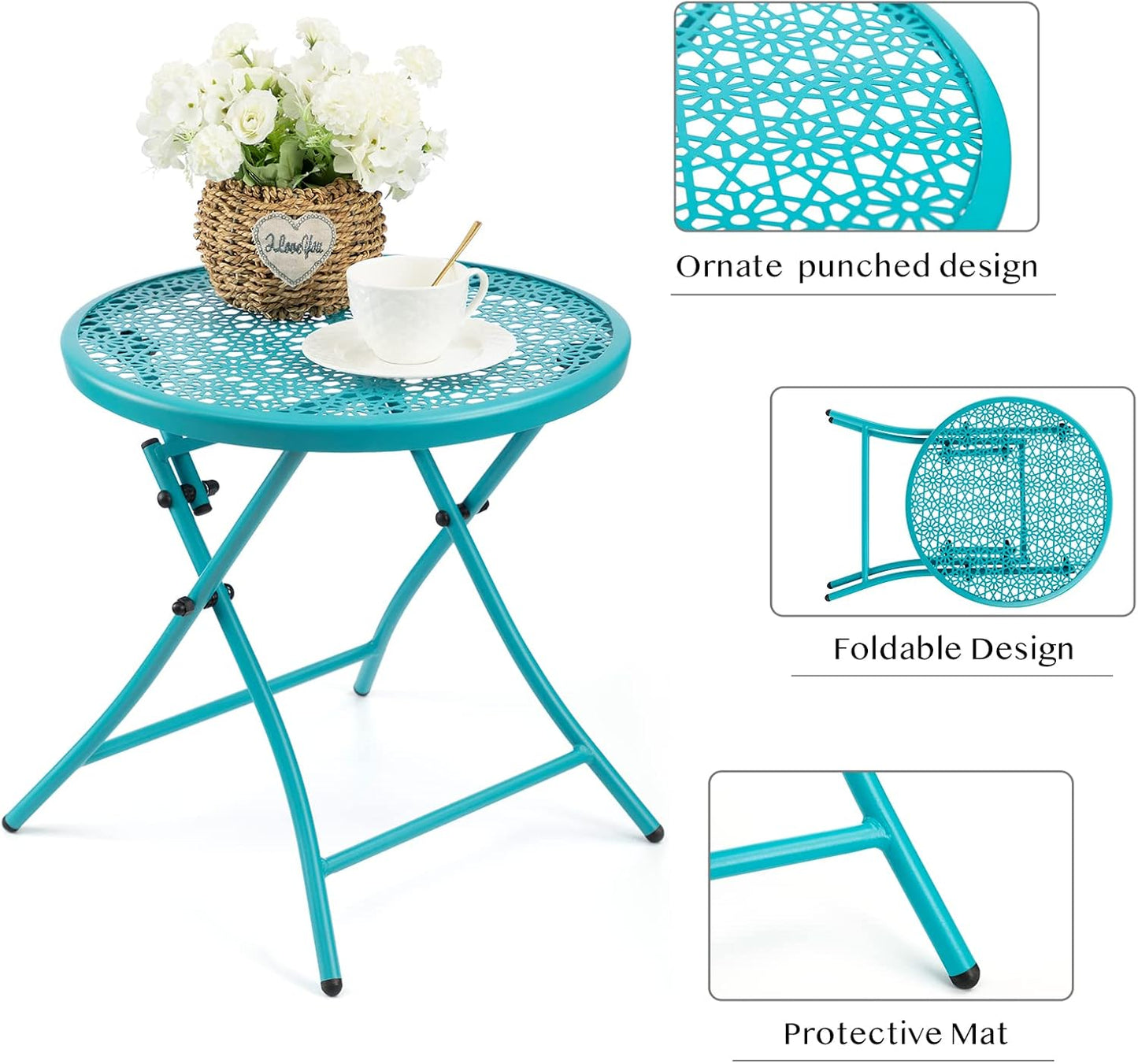 TeoKJ Folding Outdoor Side Tables, Anti Rust Small Patio Table Round Metal Nightstand with Flower Cutouts for Porch Yard Balcony Deck Lawn, Blue