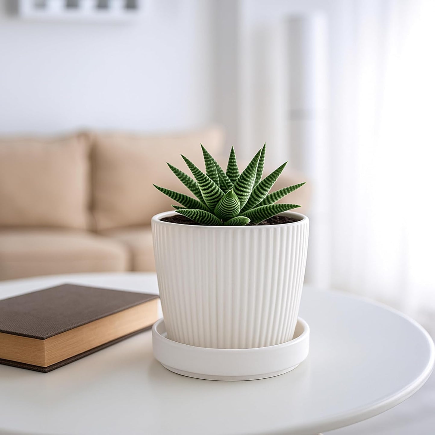 D'vine Dev Modern Round 3.7 Inch Ceramic Plant Pot Saucer, Planter Pot Drainage Tray for Indoor Plants, Matte White, 97-T-A-1