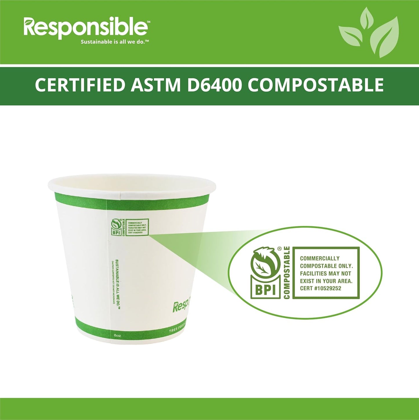 Certified Compostable 8 oz Paper Cups, Cold ＆ Hot Coffee Cups, Disposable Paper Cups, Extra Strength Disposable Cups, Made without PFAS (50 count)