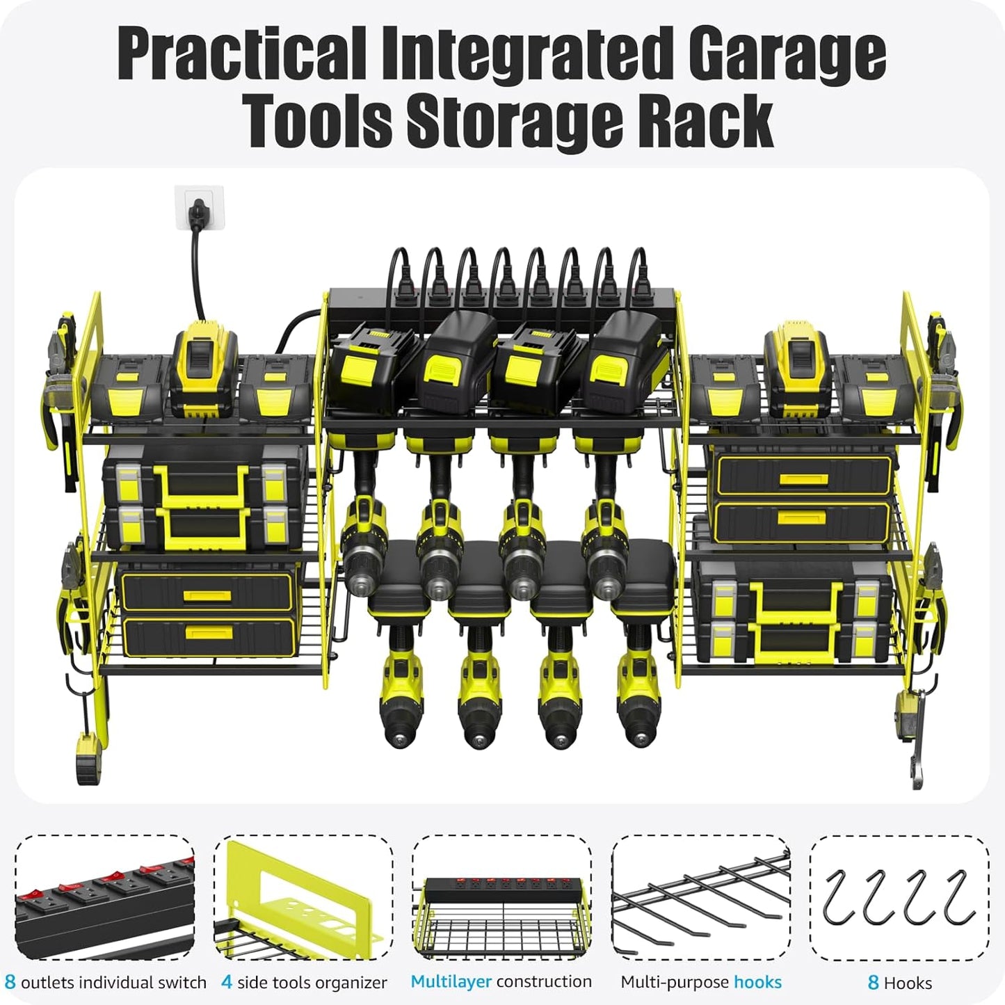 CCCEI Green Power Tool Organizer Wall Mount, Large Tools and Battery Storage Rack Charging Station Individual Switches. Drills Holder, Garage Utility Shelves with 6FT Power Strip. Gift for Men.