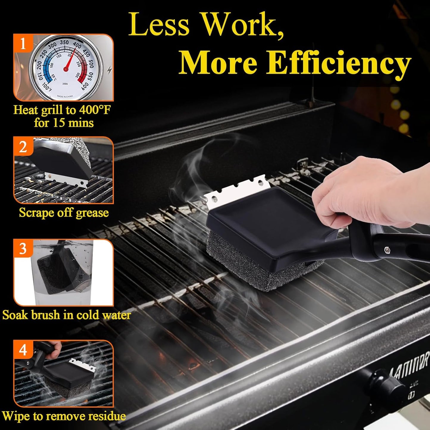 Grill Brush Bristle Free, 4 in 1 Grill Brush for Outdoor Grill with Replaceable Cleaning Head, Extra Long Safe Steam Grill Cleaner Brush with Scraper for Cast Iron, Stainless-Steel Grates