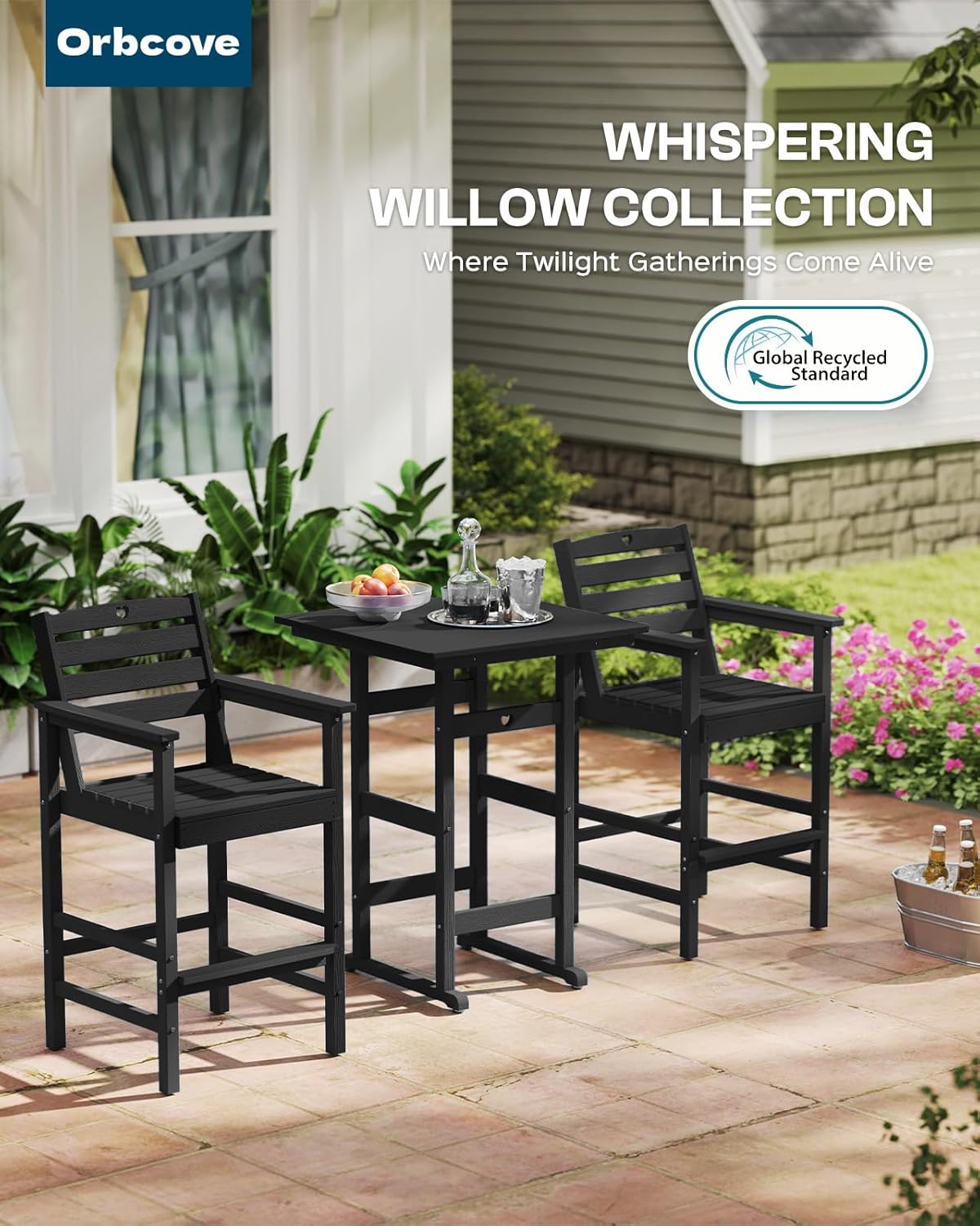 3-Piece Bar Height Outdoor Table and Chairs Set, HDPE Wood Grain Patio Bar Table and Chairs with Heart Cutout Design, Weather-Resistant Bar Height Furniture for Deck, Porch, Pool (Black)