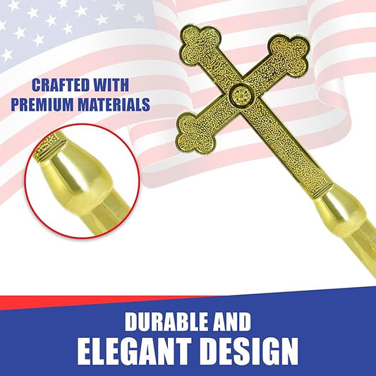 Super Tough Indoor Flag Pole kit 9ft - Plastic Cross - Gold Texture Base - Aluminum Flagpole with Brass Finish - Heavy Duty Inside House Flagstaff - Interior Shaft and Stand - No Ensign Included