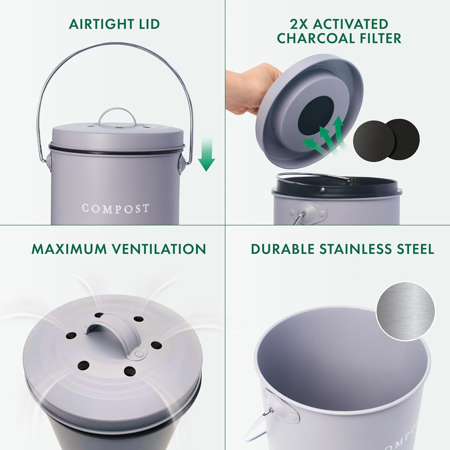 FINESSY Indoor Compost Bin Kitchen Odorless with Lid for Composting Food Waste Bucket for Counters, Stainless Steel Kitchen Compost Bin Countertop Trash Can, Indoor Food Composter Recycler Container