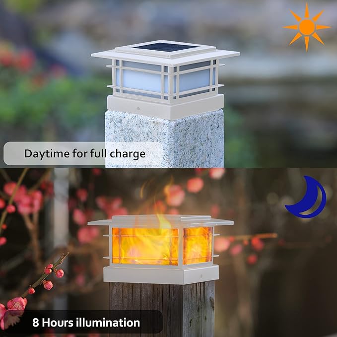 Dynaming 2 Pack Solar Flame Post Lights Outdoor, Solar Powered Fence Post White Shell Cap Light, High Brightness Flickering Flame LED Lighting for Garden Deck Patio, Fit 4x4 5x5 6x6 Vinyl/Wooden Posts