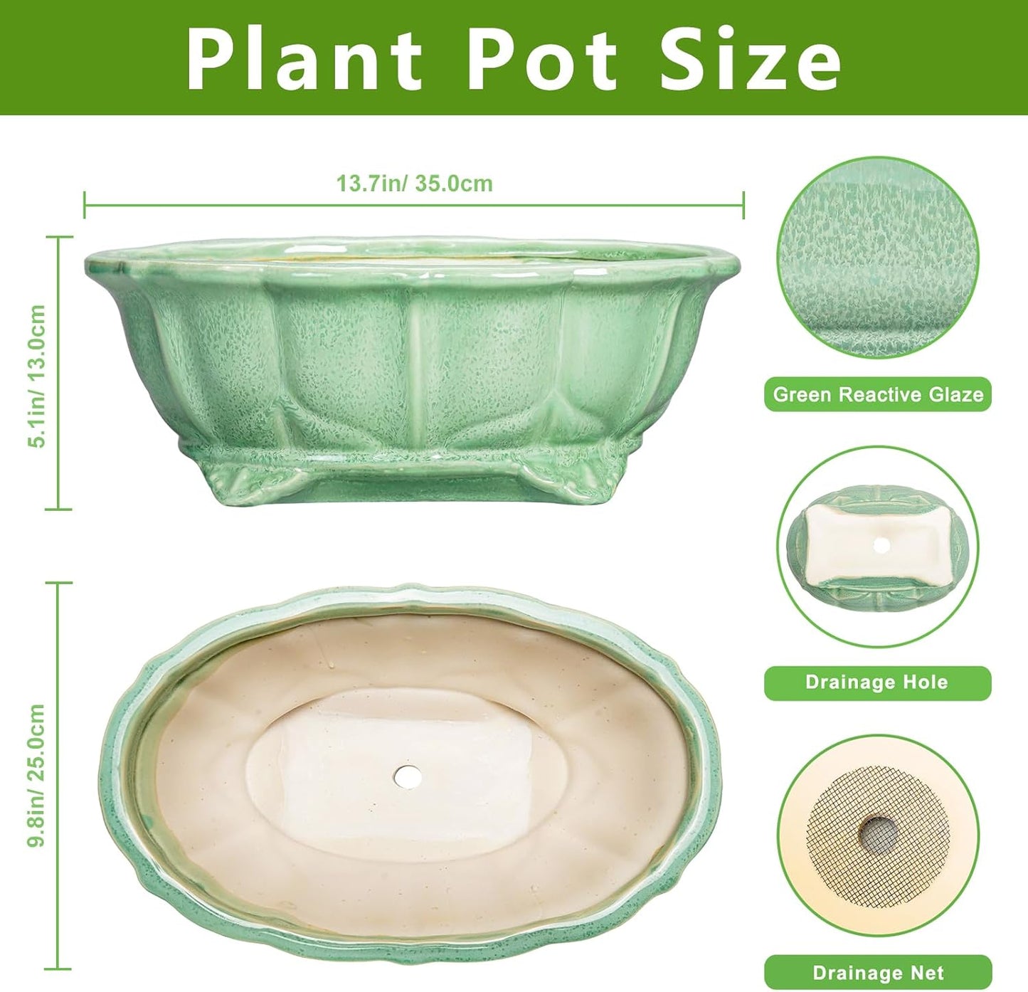 Bonsai Tree Pot - 13.2 Inch Large Ceramic Succulent Planter for Indoor Outdoor, Oval Plant Pot with Drainage Hole, Decorative Flower Pots, Home Decor, Gifts for Plant Lovers, Green