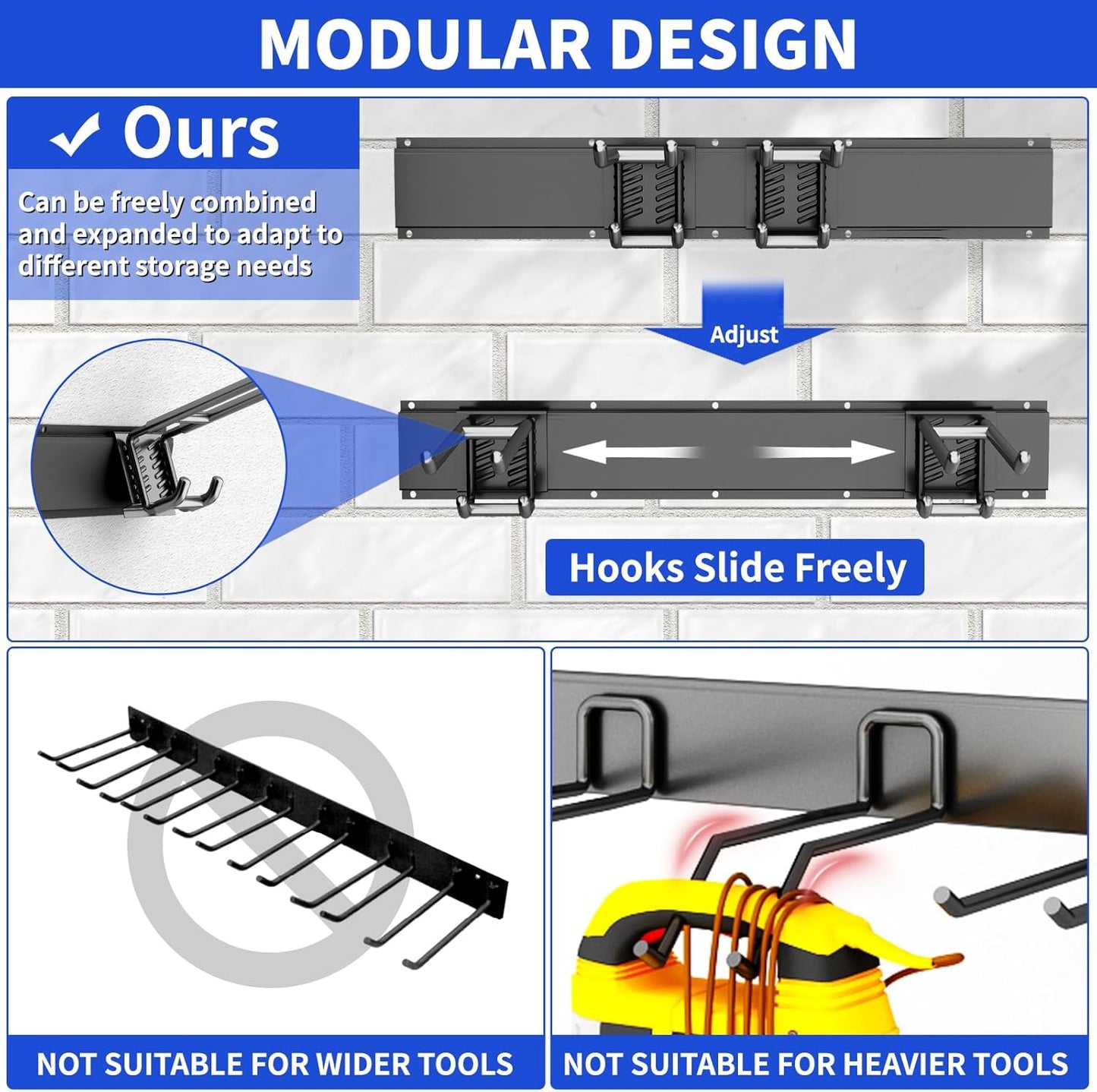 Garage Organization Tool Organizer Wall Mount, 32inch Heavy Duty Garden Tool organizer Storage System, Easy Install With 6 Adjustable Hooks, For Garage, Basement, Shed, Workshop(Black)