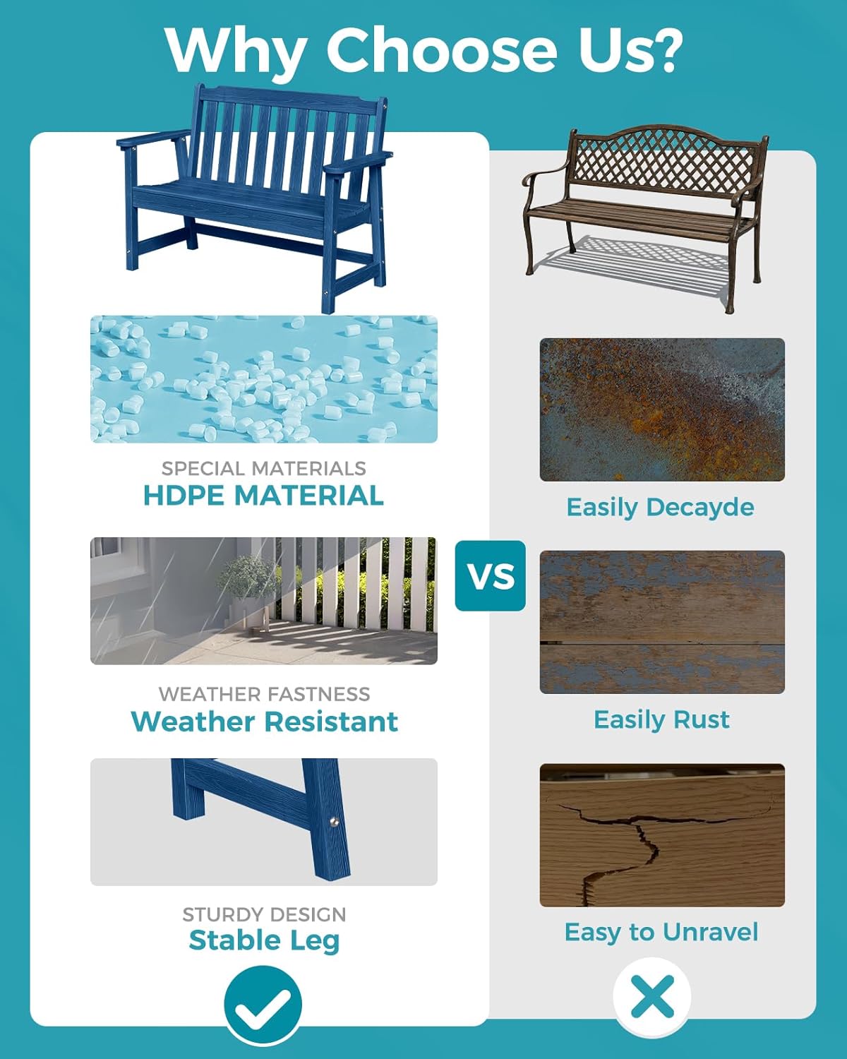 Outdoor Bench, 2-Person HDPE Garden Bench, All Weather Poly Patio Bench for Outdoors, Garden, Backyard, Porch and Park, 660 lbs Weight Capacity, Navy Blue, 2 Pack