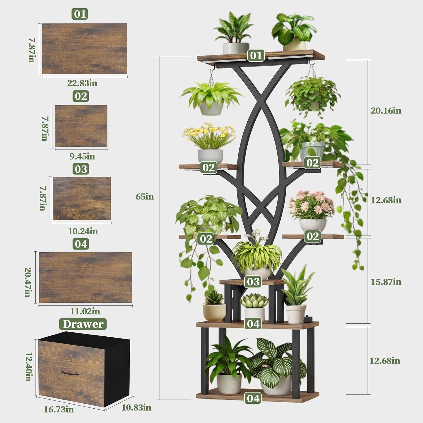 Plant Stand Indoor with Grow Lights - 8 Tiered Plant Shelf with Storage Drawer, 65" Tall Plant Shelf with Grow Light & 2 Hooks, Corner Plant Stand for Indoor Plants, Metal Plant Holder for Home, Patio