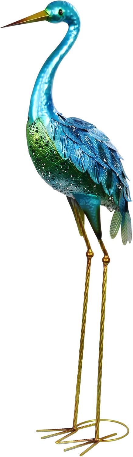 Exhart Garden Sculpture, Blue Coastal Crane Garden Statue, Outdoor Garden Decoration with Stamped Metal Details, 13 x 7 x 38.5 Inch