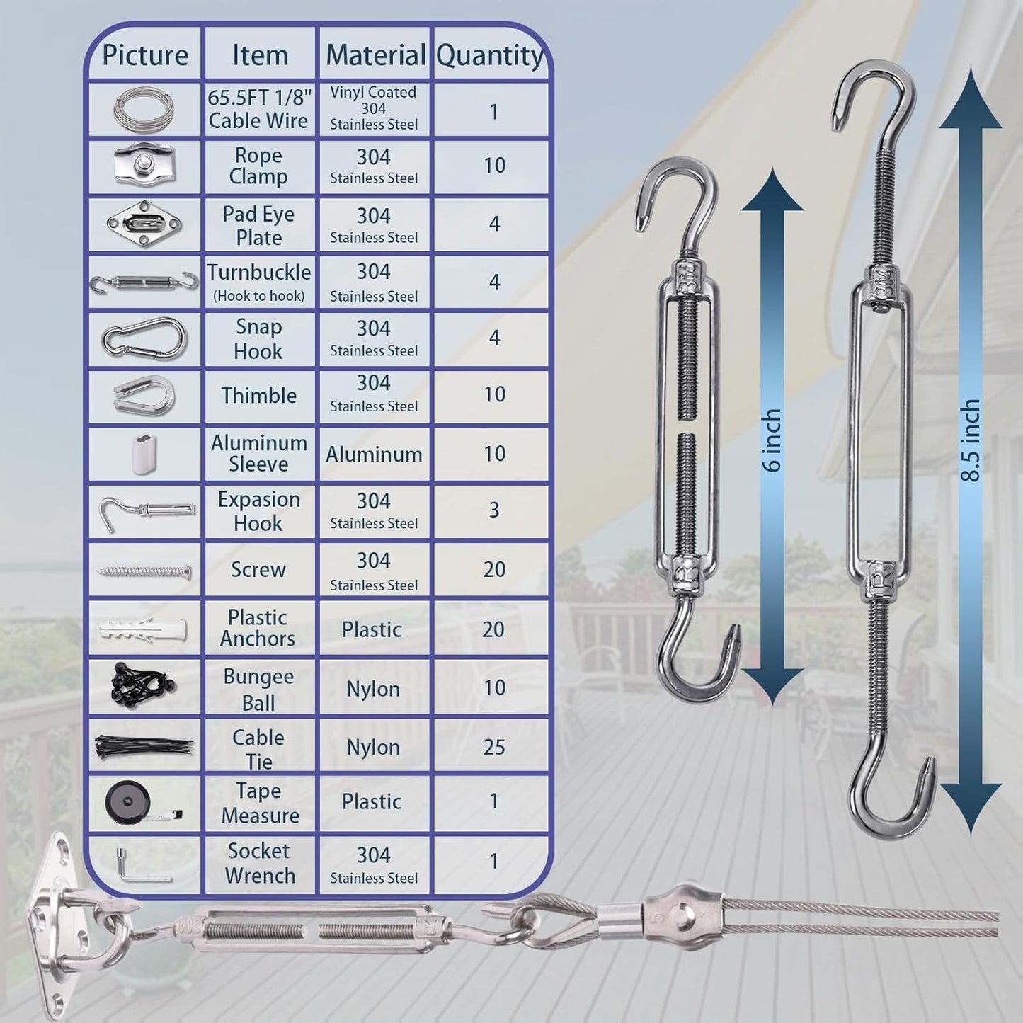 Shade Sail Hardware Kit 6 inch with 65.5FT 1/8" Wire Rope Kit for Triangle Rectangle Sun Shade Sail Outdoor Installation turnbuckles for Cables Wire for Outdoor,Garden,Kitchen,Craft,123PCS