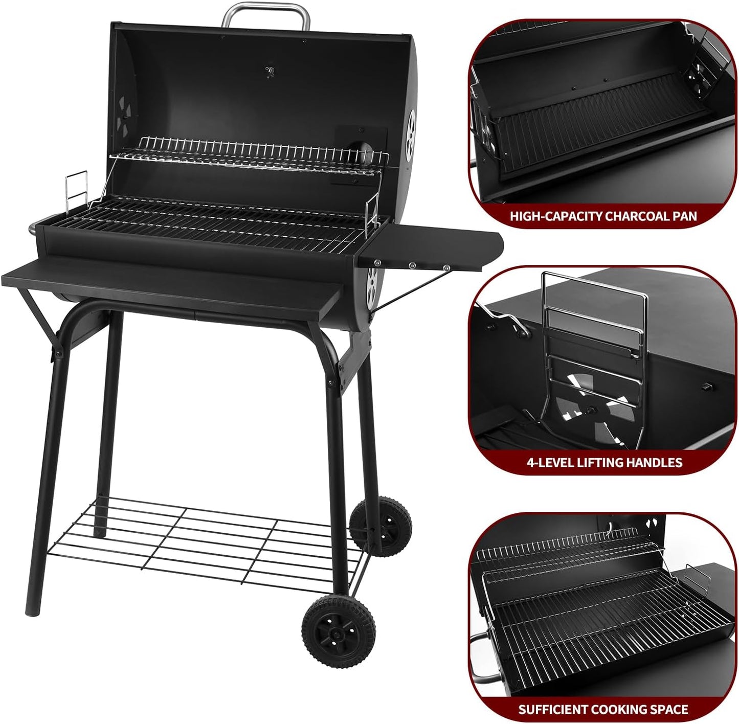 Charcoal Grills Outdoor BBQ Grill 30INCH Barrel Charcoal Grill with Side Table, 627 Square Inches, Outdoor Backyard Camping Picnics, Patio and Parties, Black by DNKMOR
