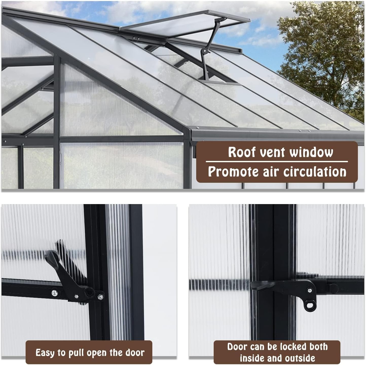 BPS 6' x 10' Walk-in Polycarbonate Greenhouse with Heavy-Duty Aluminum Frame, 2 Vent Windows & Lockable Door for Outdoor, Patio, Backyard, and Garden Use