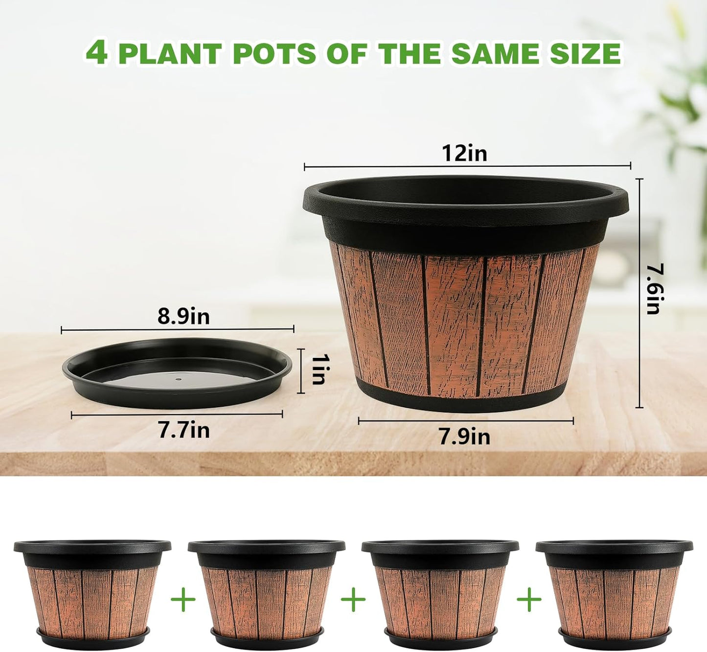 Quarut 4 Pack 12 inch Plant Pots,Whiskey Barrel Planters with Drainage Holes & Saucer,Plastic Decoration Flower Pots Retro Design,Planters for Outdoor Indoor Garden Home Plants (Brown)