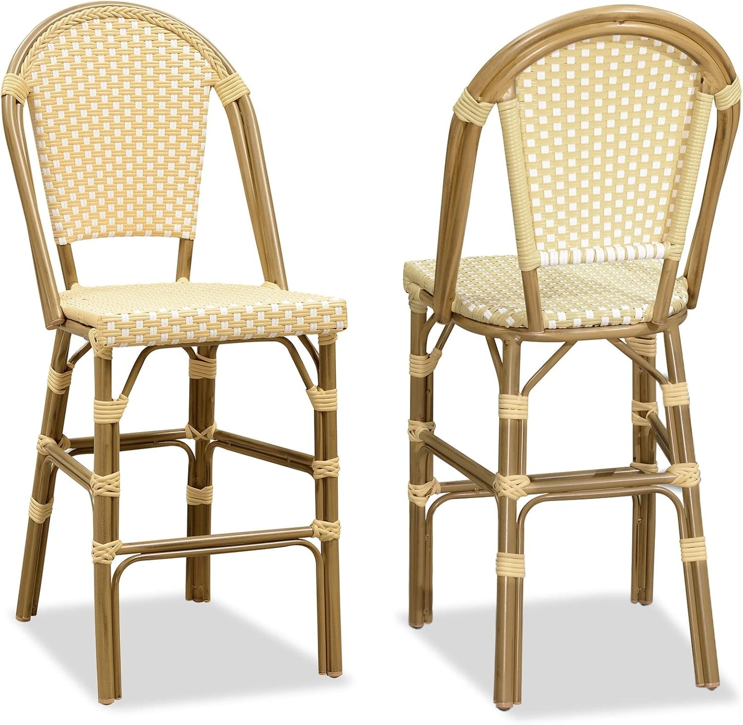 PURPLE LEAF French Counter Height Bar Stool Set of 2 25" Bamboo Print Finish Patio Bar Chairs with Back Rattan Bar Chairs French Bistro Set for Kitchen Outdoor Counter Stool Cream Yellow