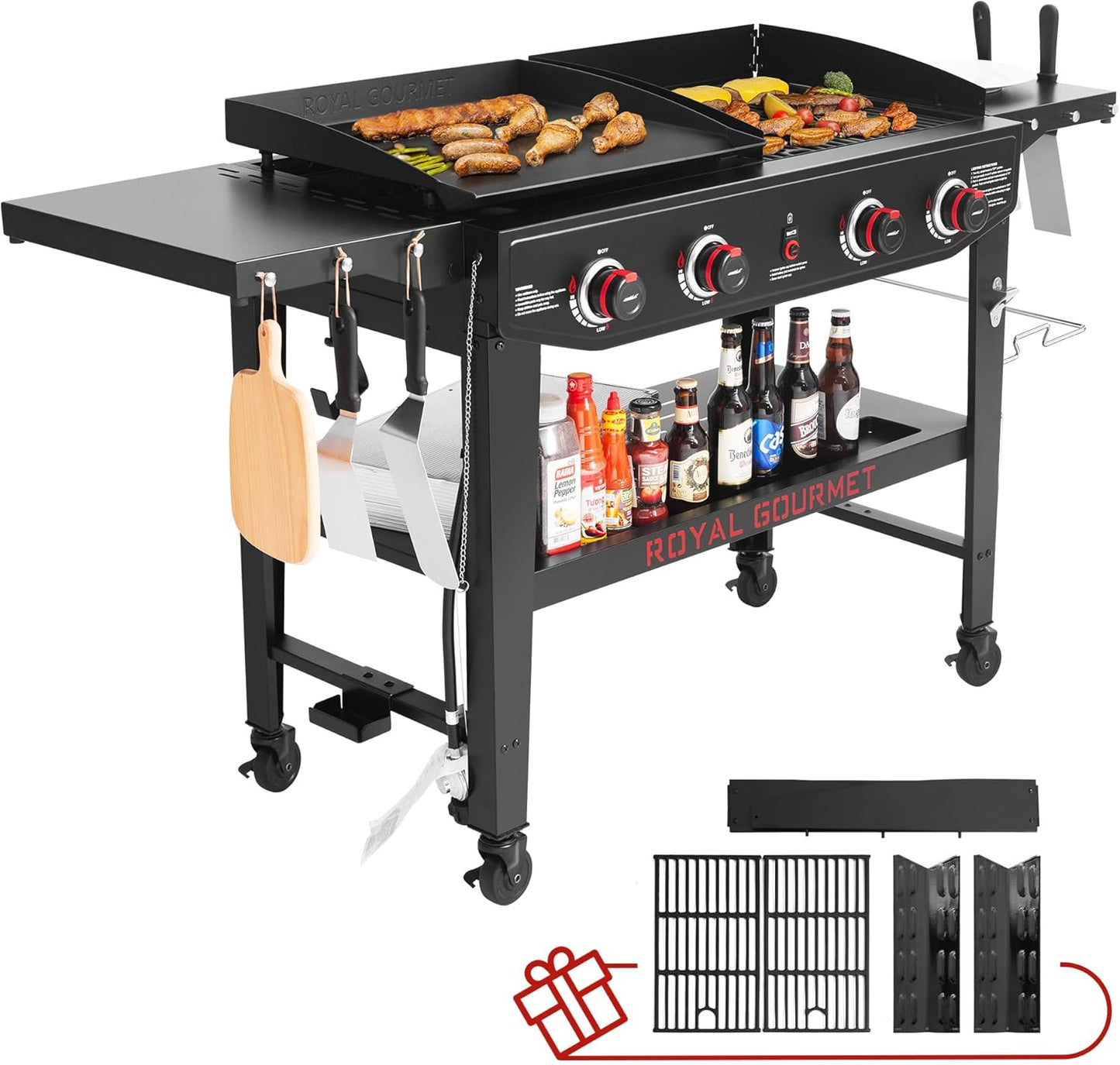Royal Gourmet GD405A 4 Burner Propane Gas Grill and Griddle Combo with Grilling Gear Set, Griddle Grill Combo with Foldable Side Tables for Outdoor Cooking While Camping or Tailgating, Black