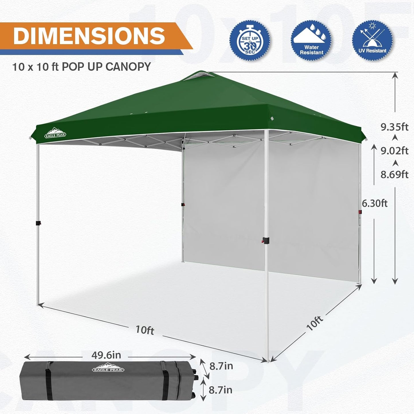 EAGLE PEAK Pop Up Canopy Tent with 1 Sidewall, Easy Setup Event Tent, Outdoor Sun Shade, Wheeled Carry Bag, Stakes and Guy Ropes, Instant Canopy 10x10, Green