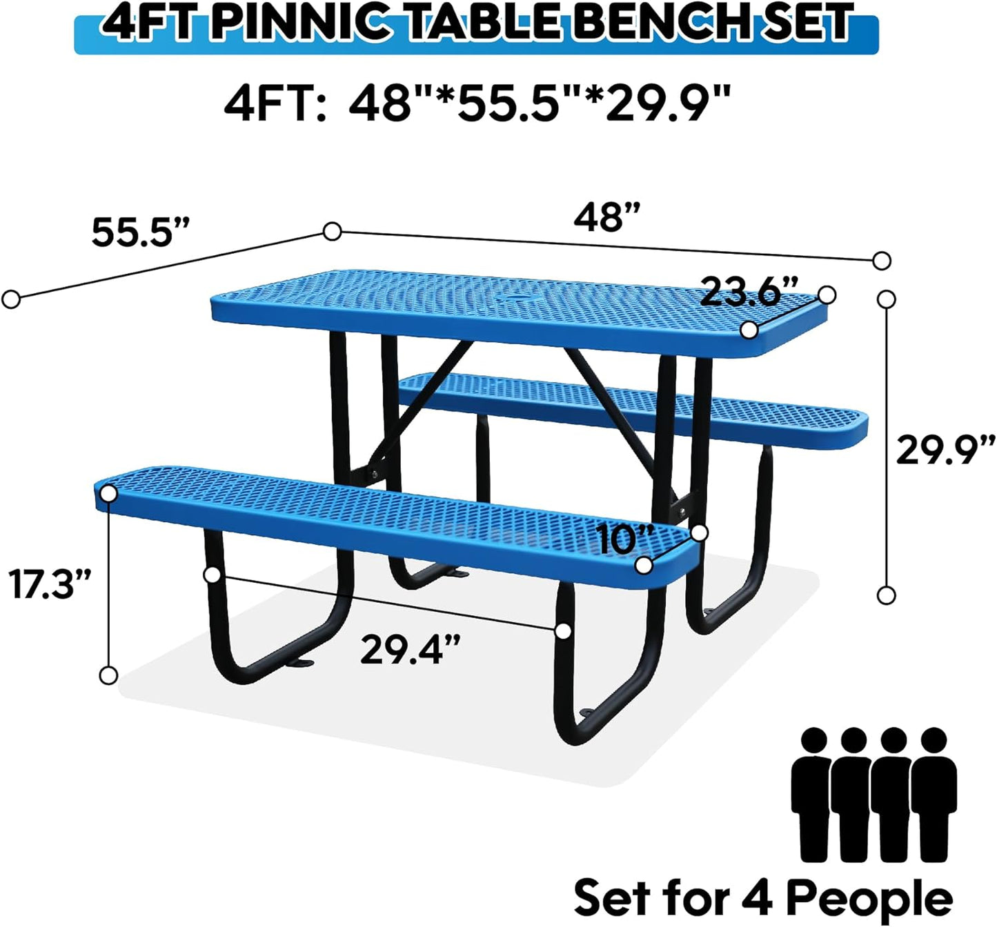 4FT Metal Picnic Tables for Outdoors, Commercial Rectangular Picnic Table and Bench Set for Outside, Patio, Garden, Backyard, Porch, Surface Mount, Blue