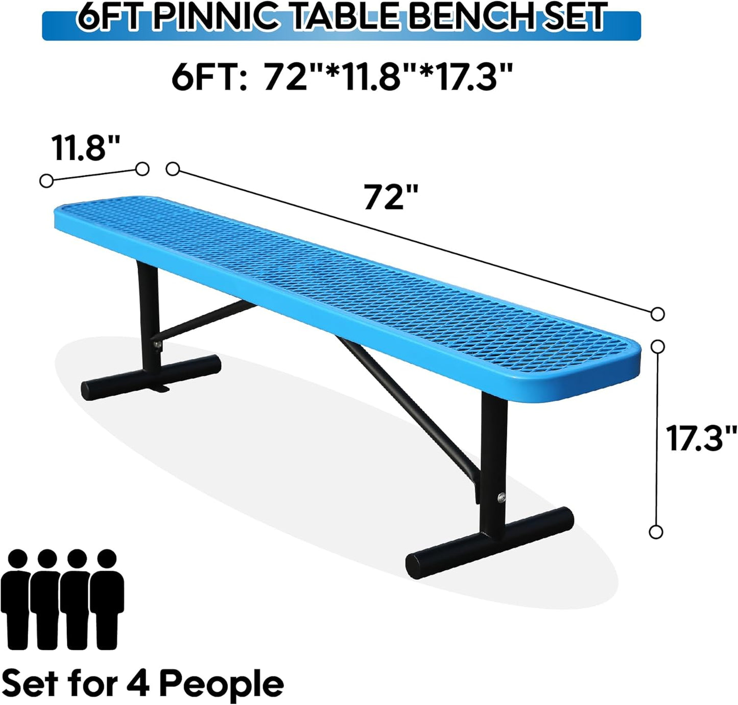 6 Feet Heavy Duty Metal Park Bench for Outside, Outdoor Bench with Portable Frame, Commercial Benches for Shopping Mall, Store, Park, Patio, Deck, Blue