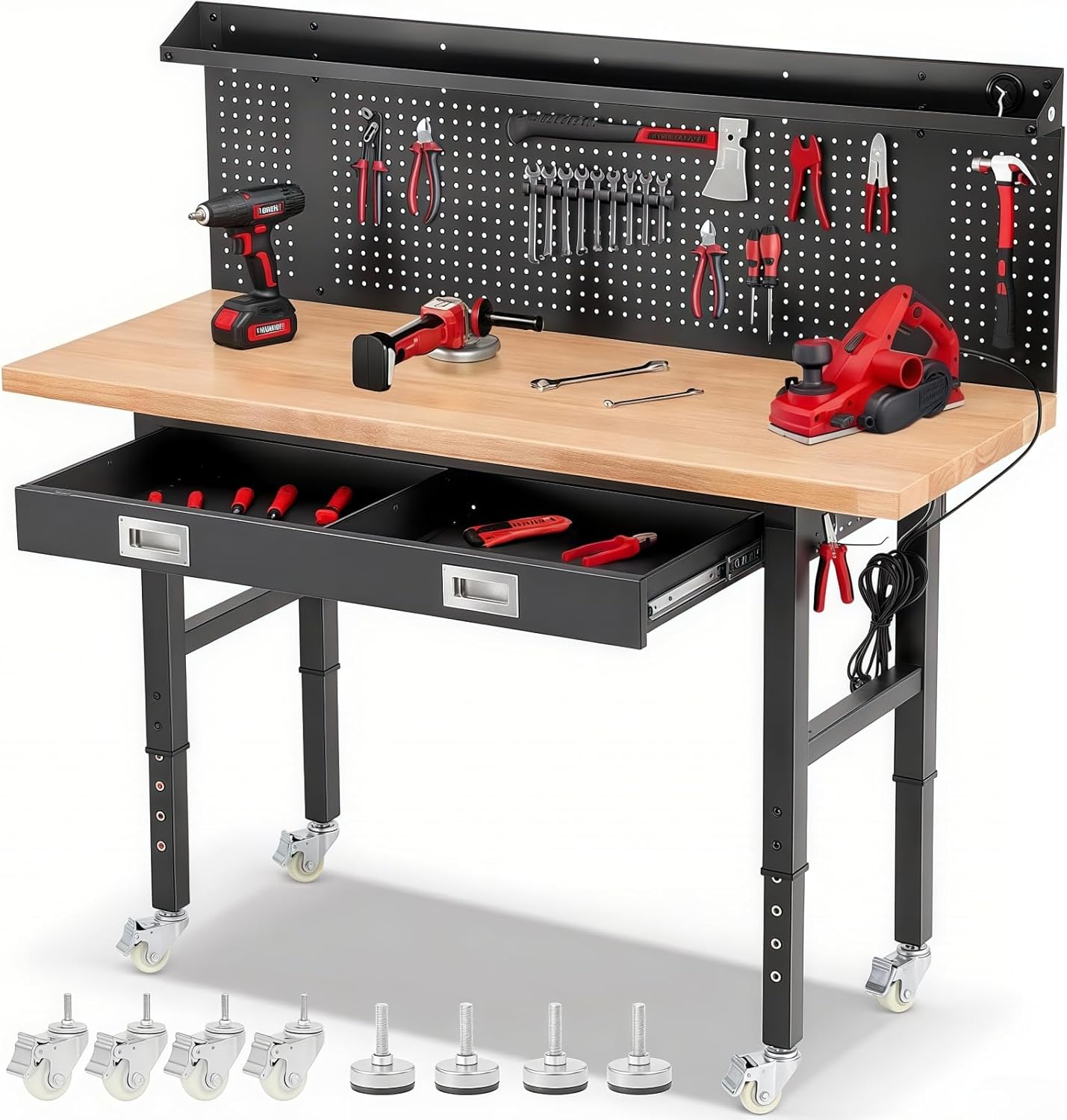 Workbench with Wheels 60 x 22 Inch Adjustable Height Work Table for Garage Heavy Duty Rubberwood Tabletop Work Bench with LED, Drawers, Pegboard, Power Outlets for Office Home Commercial
