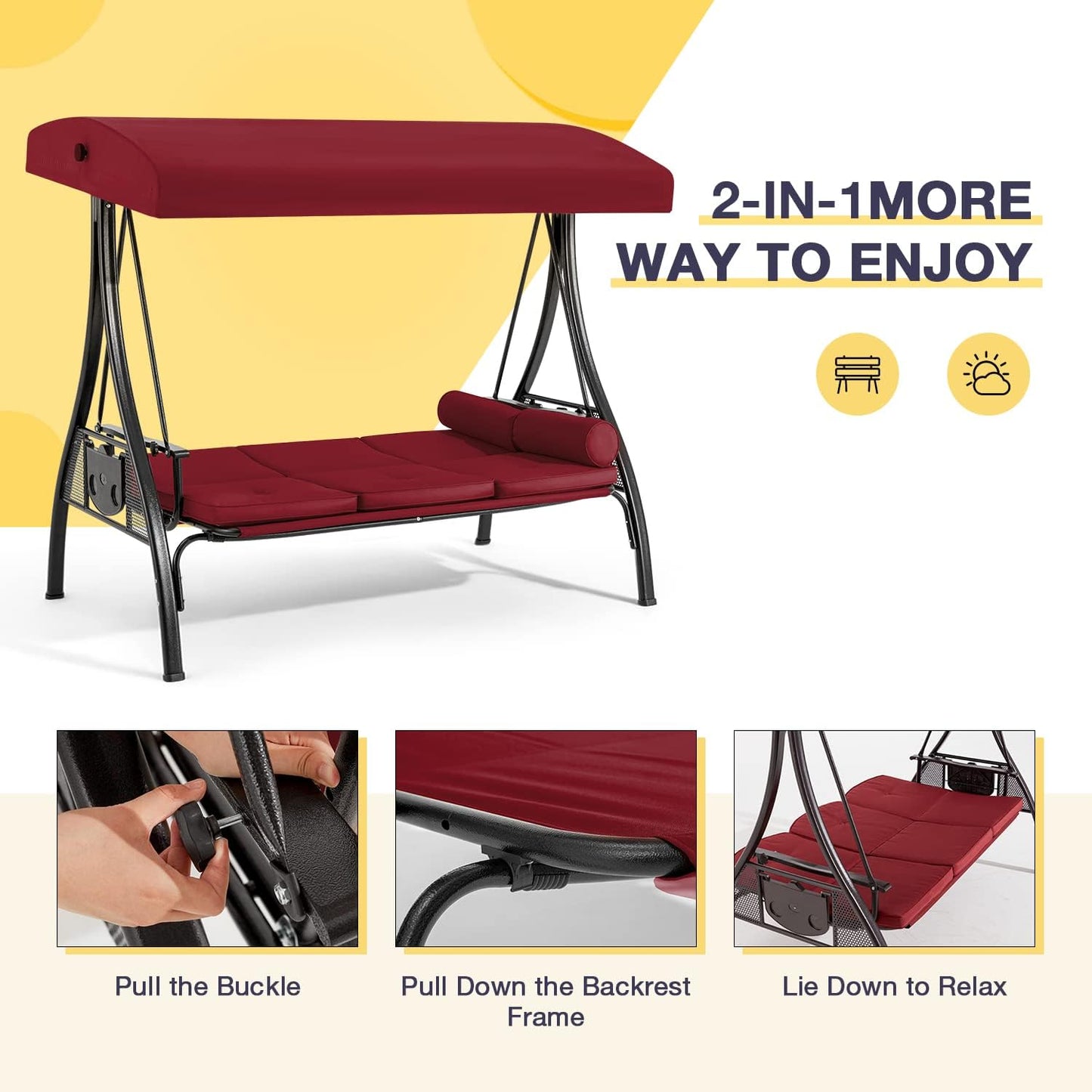 HOMREST 3 Person Outdoor Porch Swing with 1.5" Upgraded Cup Holder, Adjustable Canopy, Backrest, Patio Swing Bed with Weather Resistant Steel Frame, Cushions for Garden,Deck and Poolside(Wine Red)