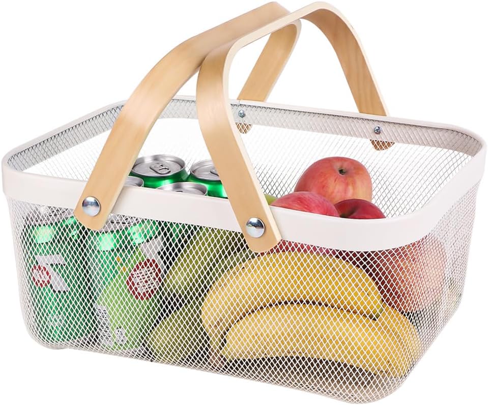 Portable Mesh Harvest Basket - Natural Bamboo Handle Foldable Organizer for Kitchen, Garden & Picnic | Ventilated Storage Bin with Rust-Proof Wire, Space-Saving Farmhouse Decor (White)