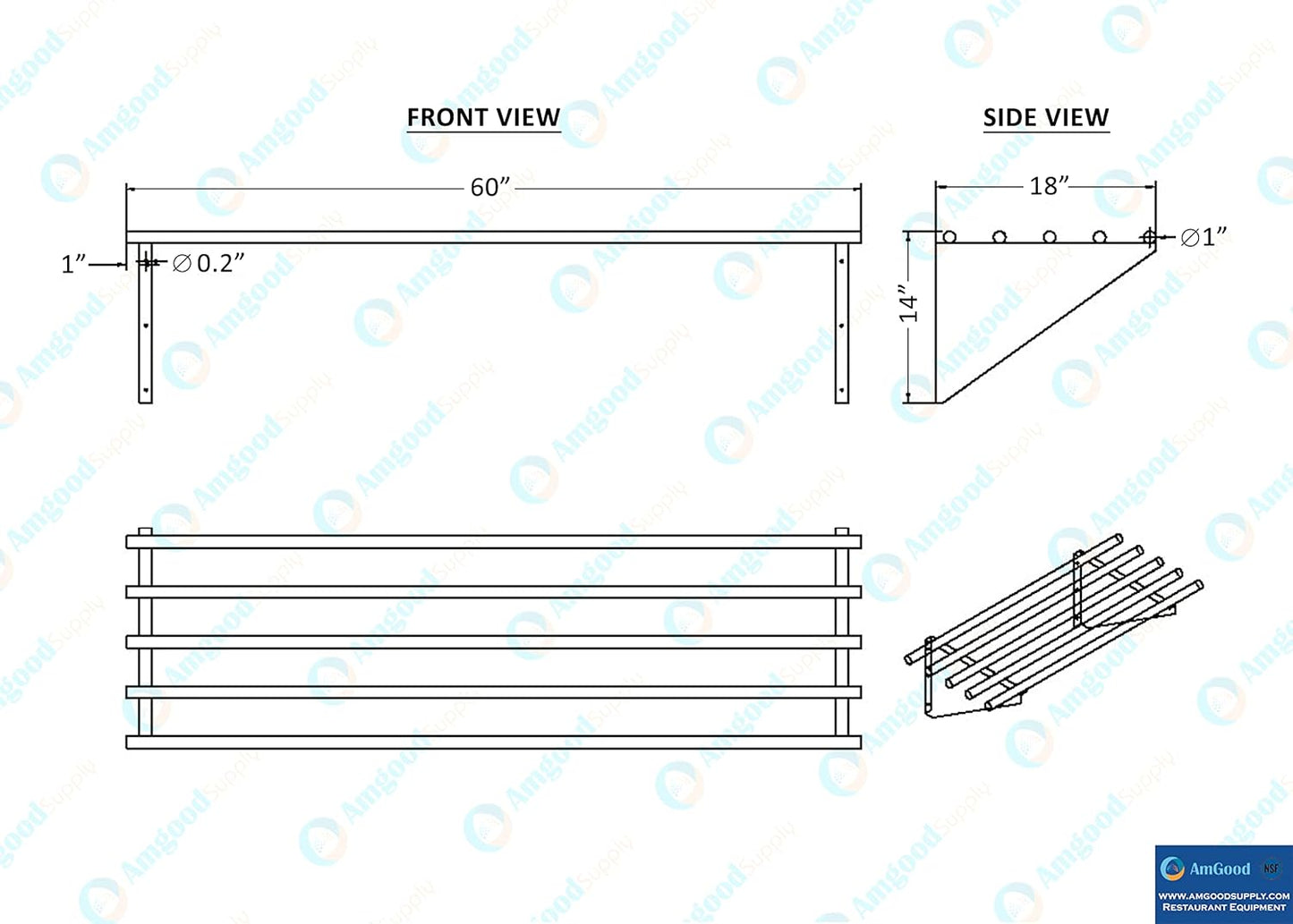 AmGood 18 in. x 60 in. NSF Stainless Steel Tubular Wall Shelf | Heavy-Duty Metal Shelving for Appliances & Equipment | Ideal for Kitchen, Restaurant, Garage, Laundry, Utility Room