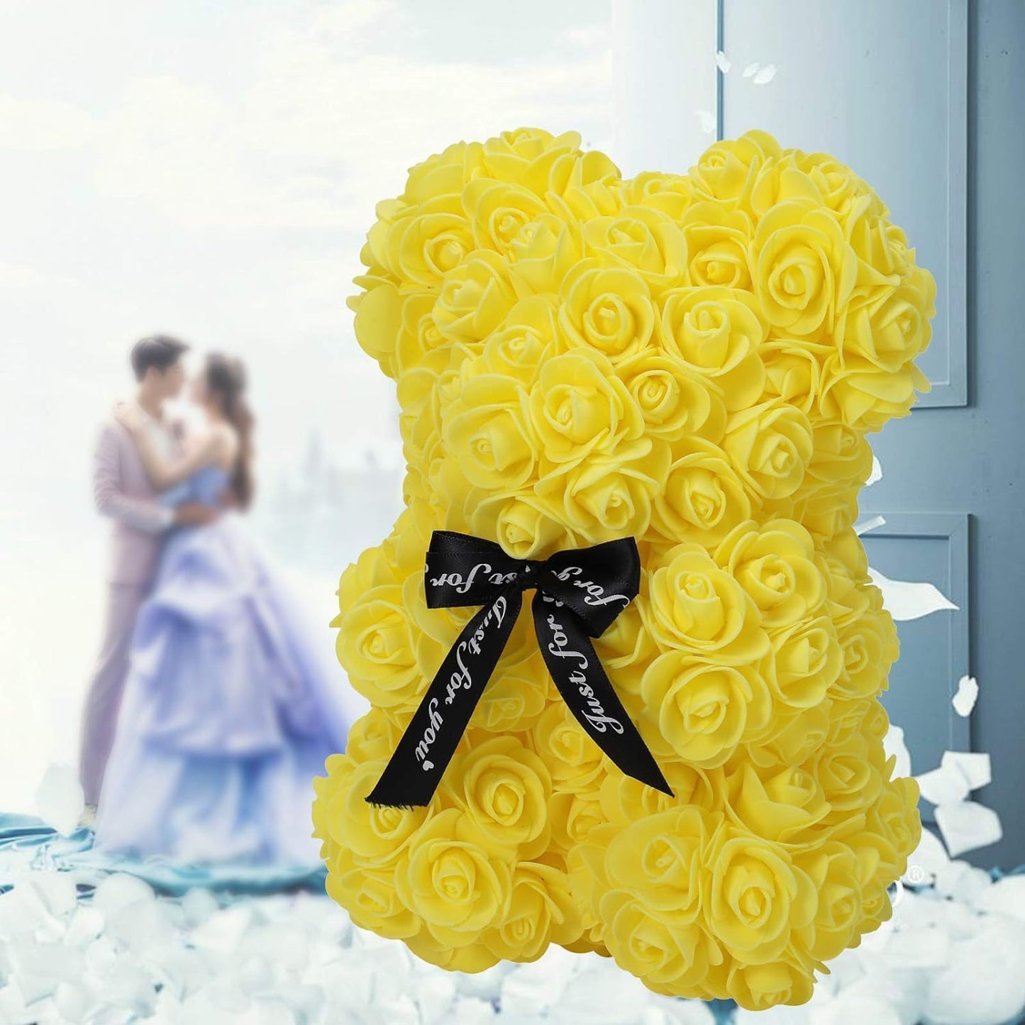 Mini Fake Rose Flower Heads 144pcs Mini Artificial Foam Roses DIY Wedding Flowers Accessories Make Bridal Hair Clips Headbands Dress (Bottom add Gauze) for Valentines Day,Wedding,Bridal (Yellow)