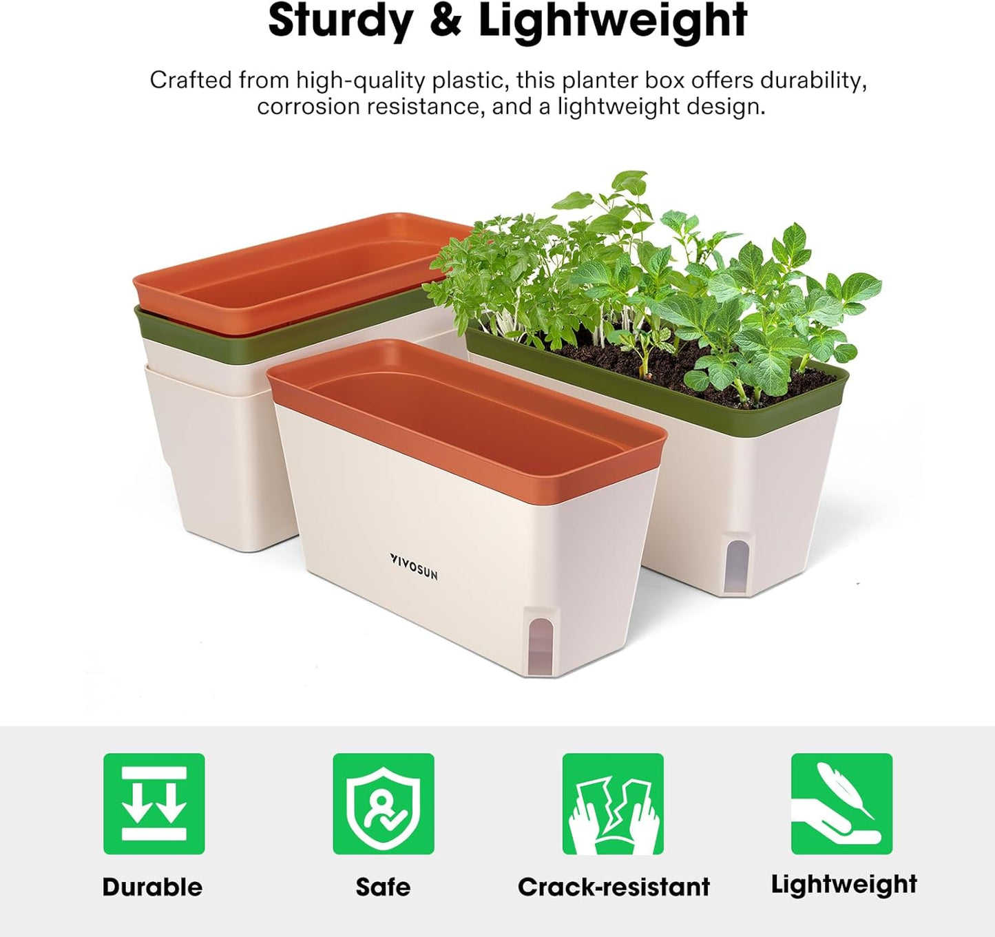 VIVOSUN Self-Watering Planters, 4-Pack 10.5 Inch Compact Rectangular Window Herb Planter Box with 10 PCS Plant Labels, Plant Container for Basil, Flowers, Succulents, Indoor & Outdoor