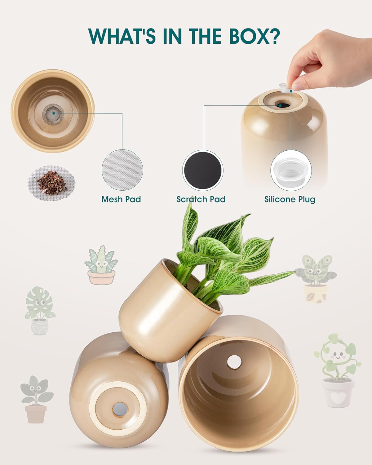 vancasso Ceramic Plant Pots, 4+5+6 inches, Set of 3, Planters with Drainage Hole, Flower Pots Planters Pots for Indoor Plants, Modern Indoor Decorative Garden Pot, Home Decor, Brown