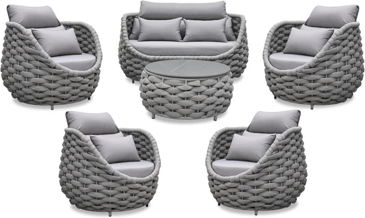 Rope Outdoor Patio Furniture Set: 6 Pieces Aluminum Porch Conversation Sofa Set - Modern Hand Woven Deck Couch Set Cushioned - No Assembly All Weather for 660lbs Yard Garden Lanai Hotel, Gray