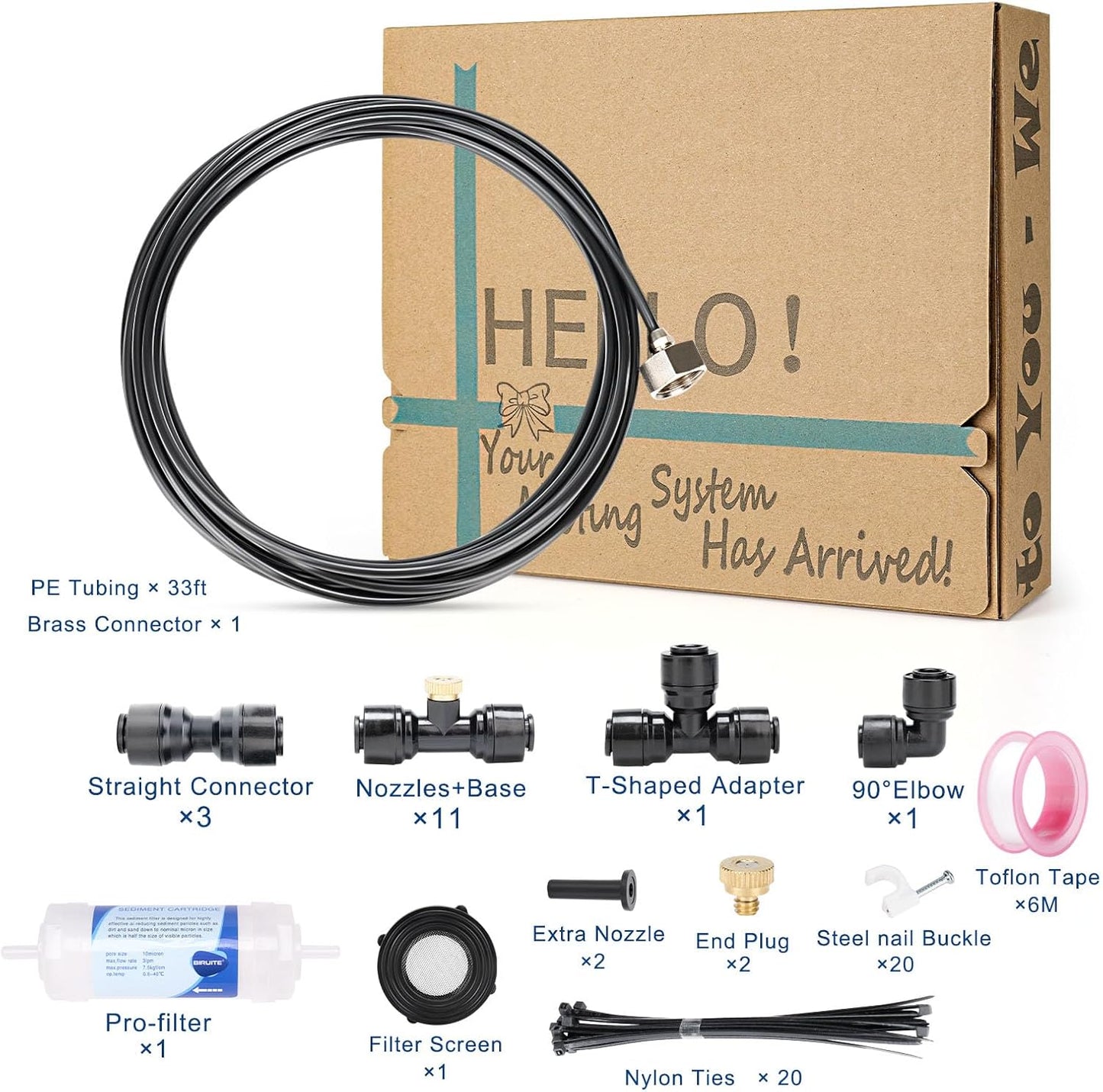 Misters for Outside Patio, 59ft Misting Line + Filter + 23 Brass Misting Nozzles +Brass Adapter(3/4") Misting System for Garden, Greenhouse, Trampoline and Chicken Coop