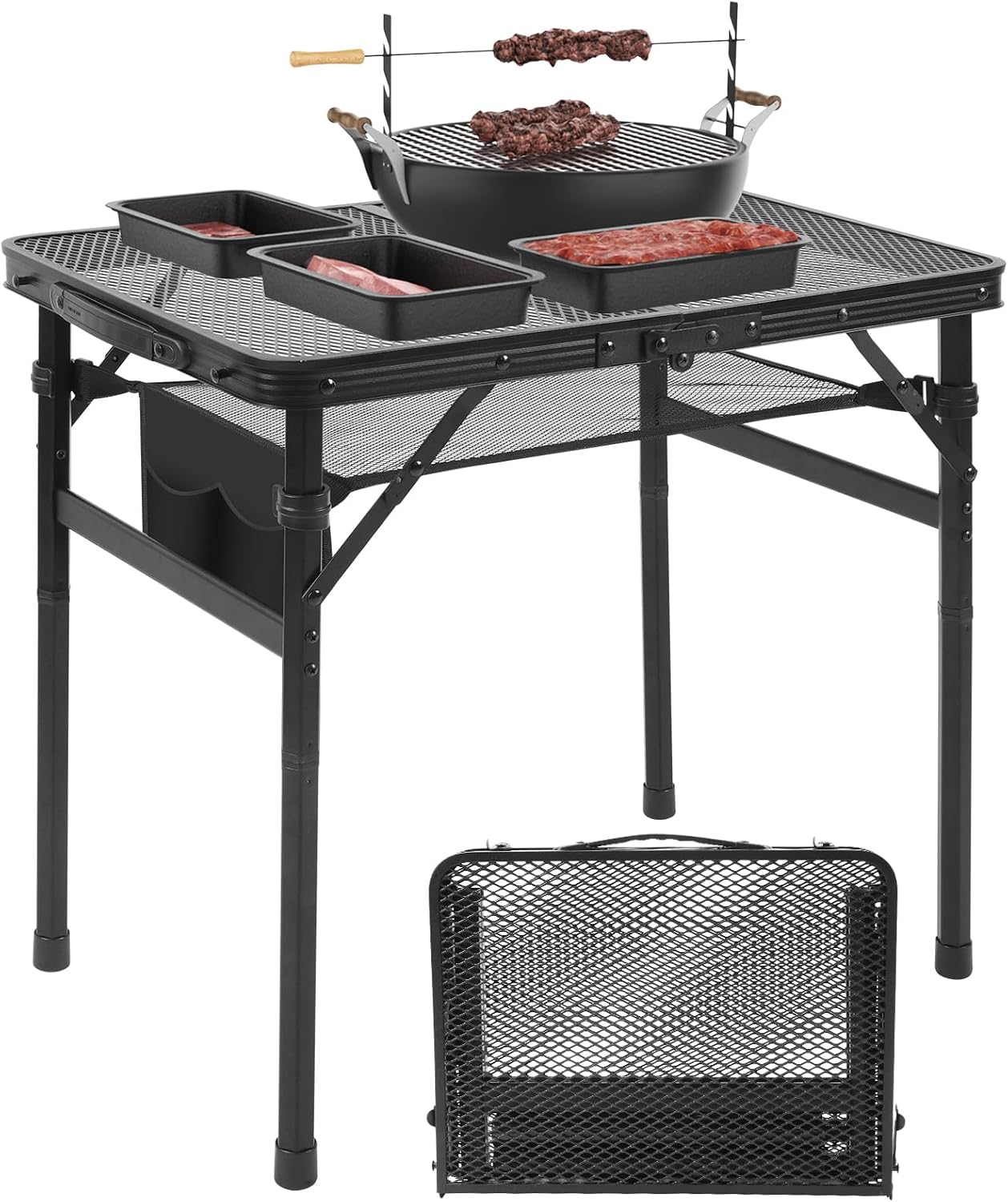 Camping Portable Folding Grill 2x1.3 FT Table, Lightweight Height Adjustable Metal Picnic Outdoor Table with Mesh Desktop and Mesh Bag, Picnic, Beach and BBQ, Party