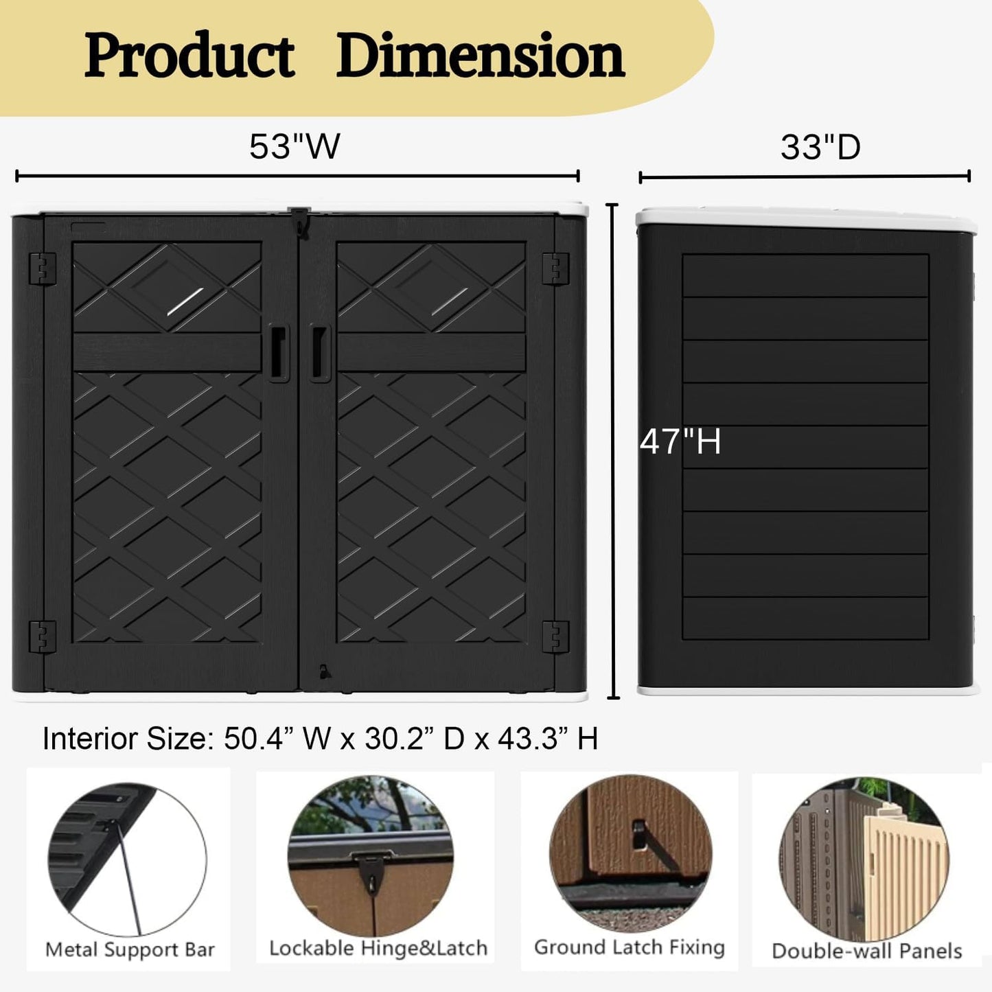ZZM Large Outdoor Storage Shed, 48 Cu Ft Resin Versatile Storage Cabinet for Patio Accessories, Trash Cans & Garden Tools, Durable Horizontal Storage Box with Lockable Lid (Black)